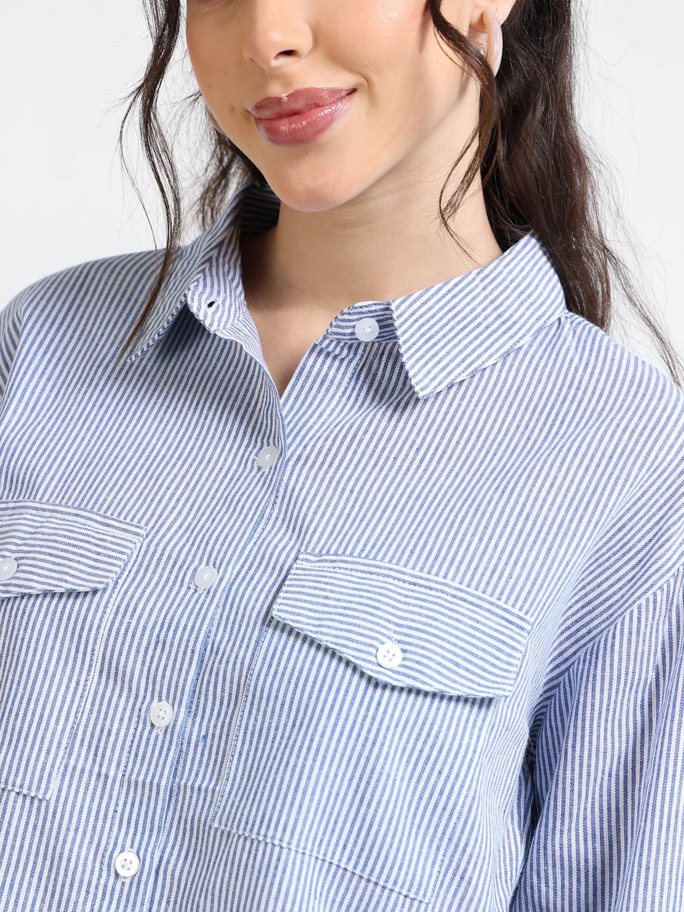 Women Striped Boxy Crop Shirt - Image 3