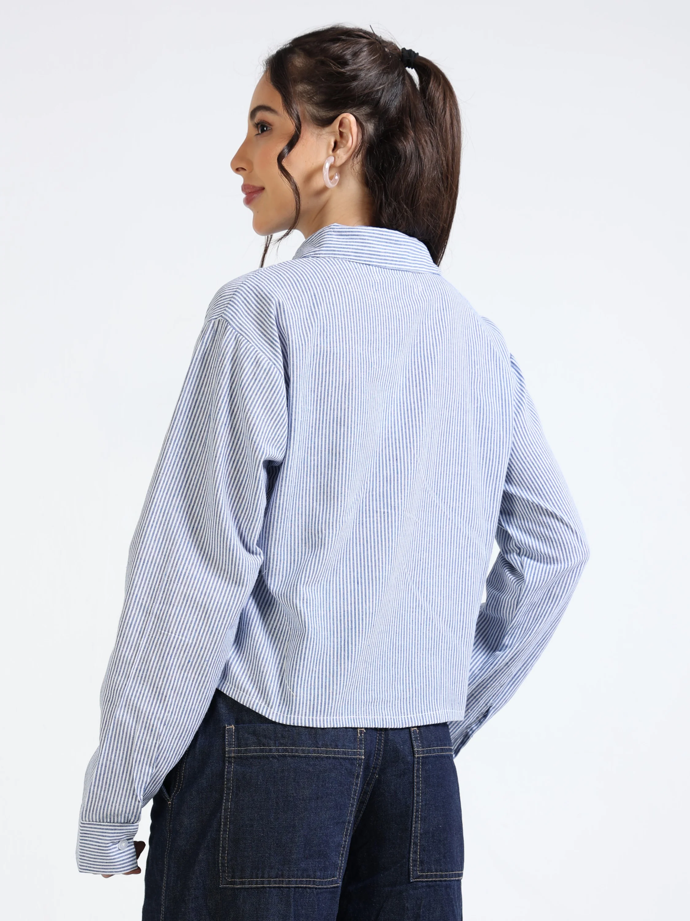 Women Striped Boxy Crop Shirt - Image 4