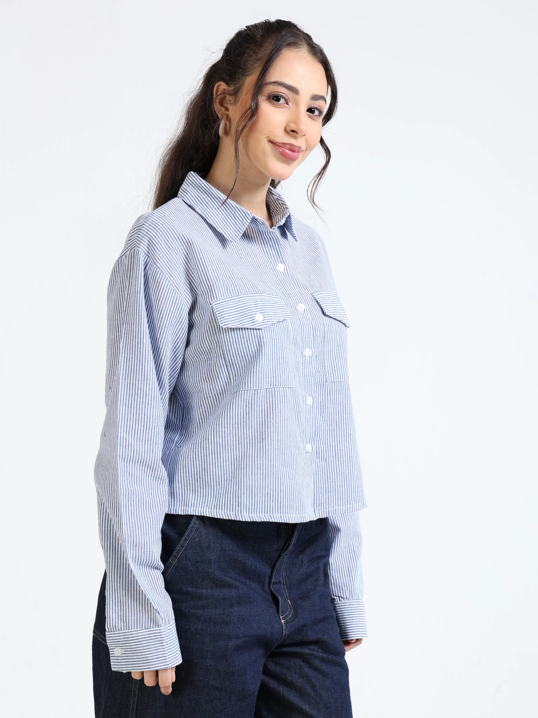 Women Striped Boxy Crop Shirt - Image 5