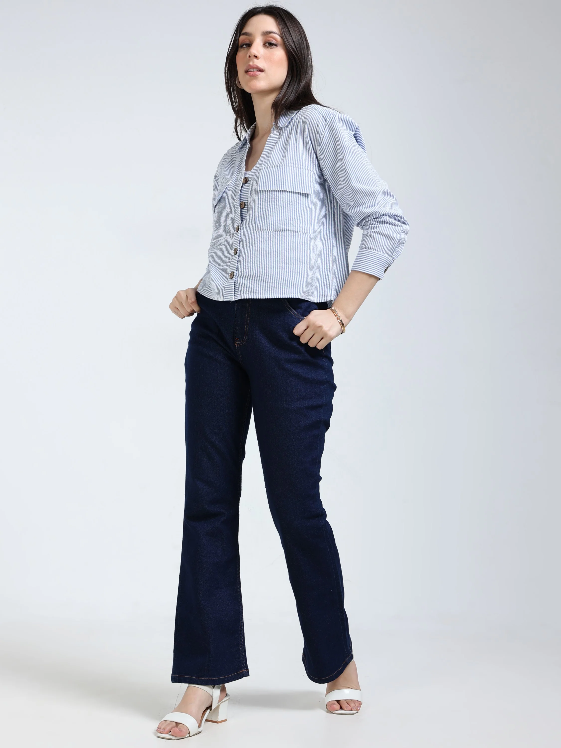 Women Blue Striped Boxy Shirt - Image 2