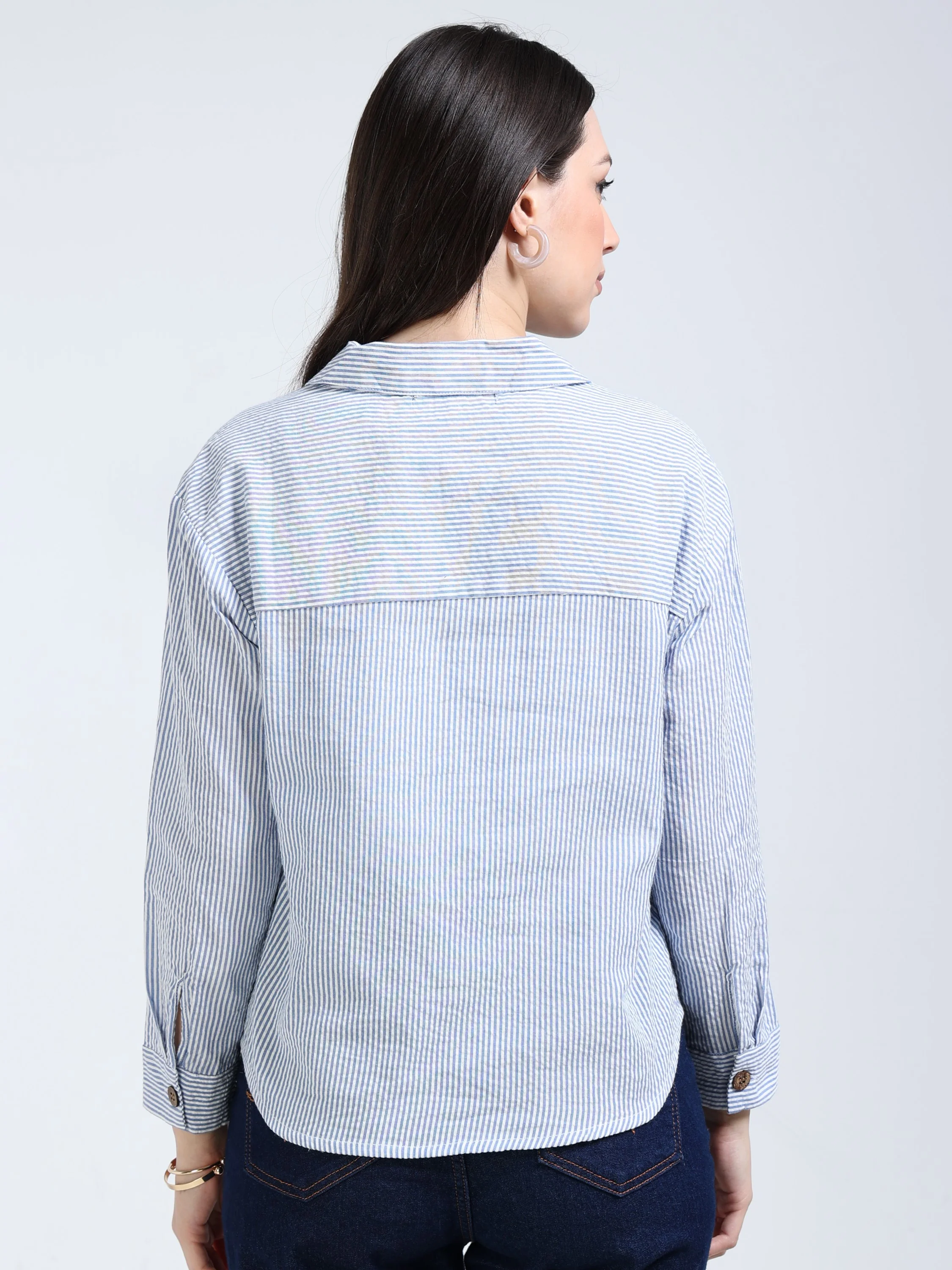 Women Blue Striped Boxy Shirt - Image 4