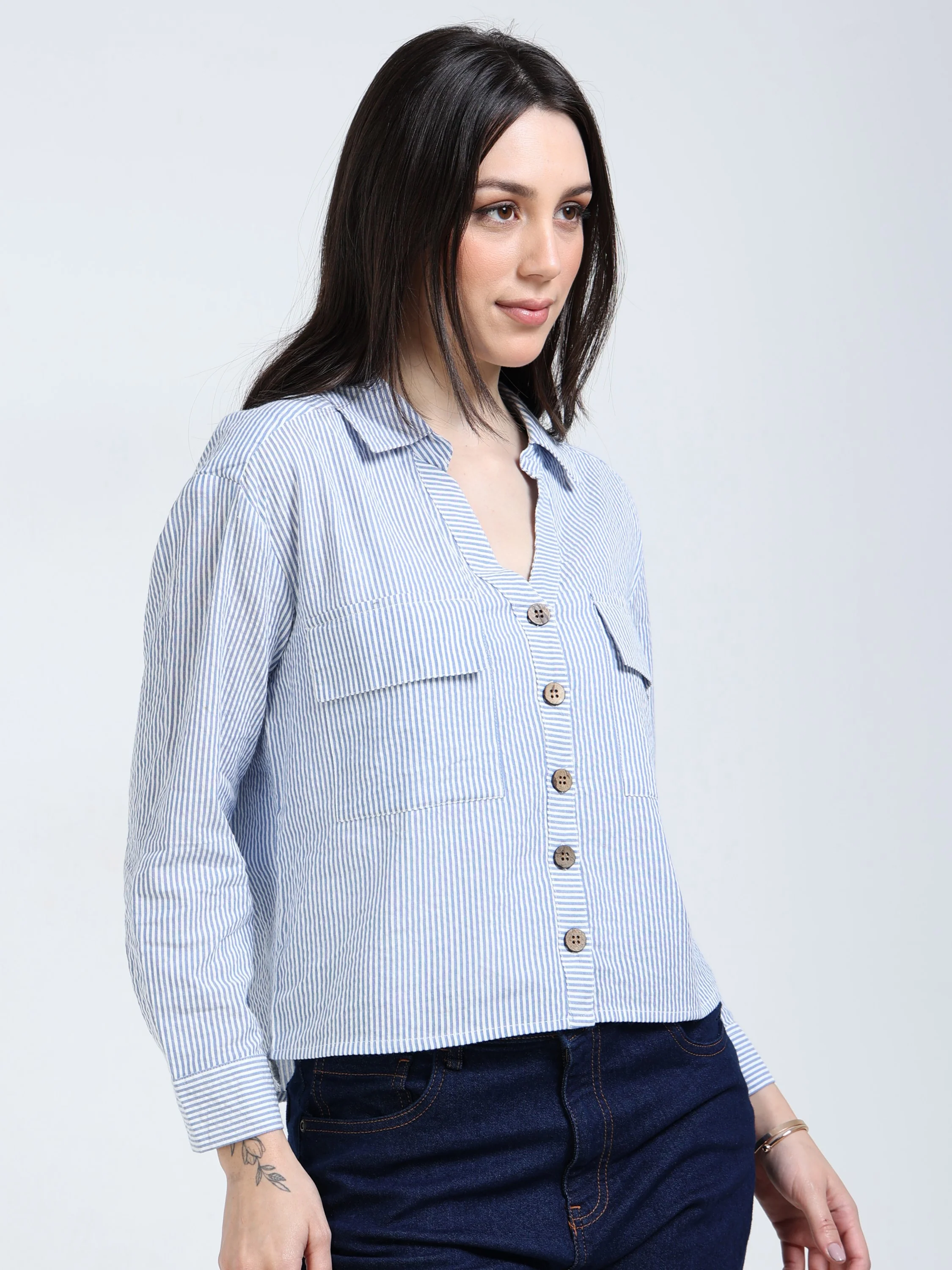 Women Blue Striped Boxy Shirt - Image 5