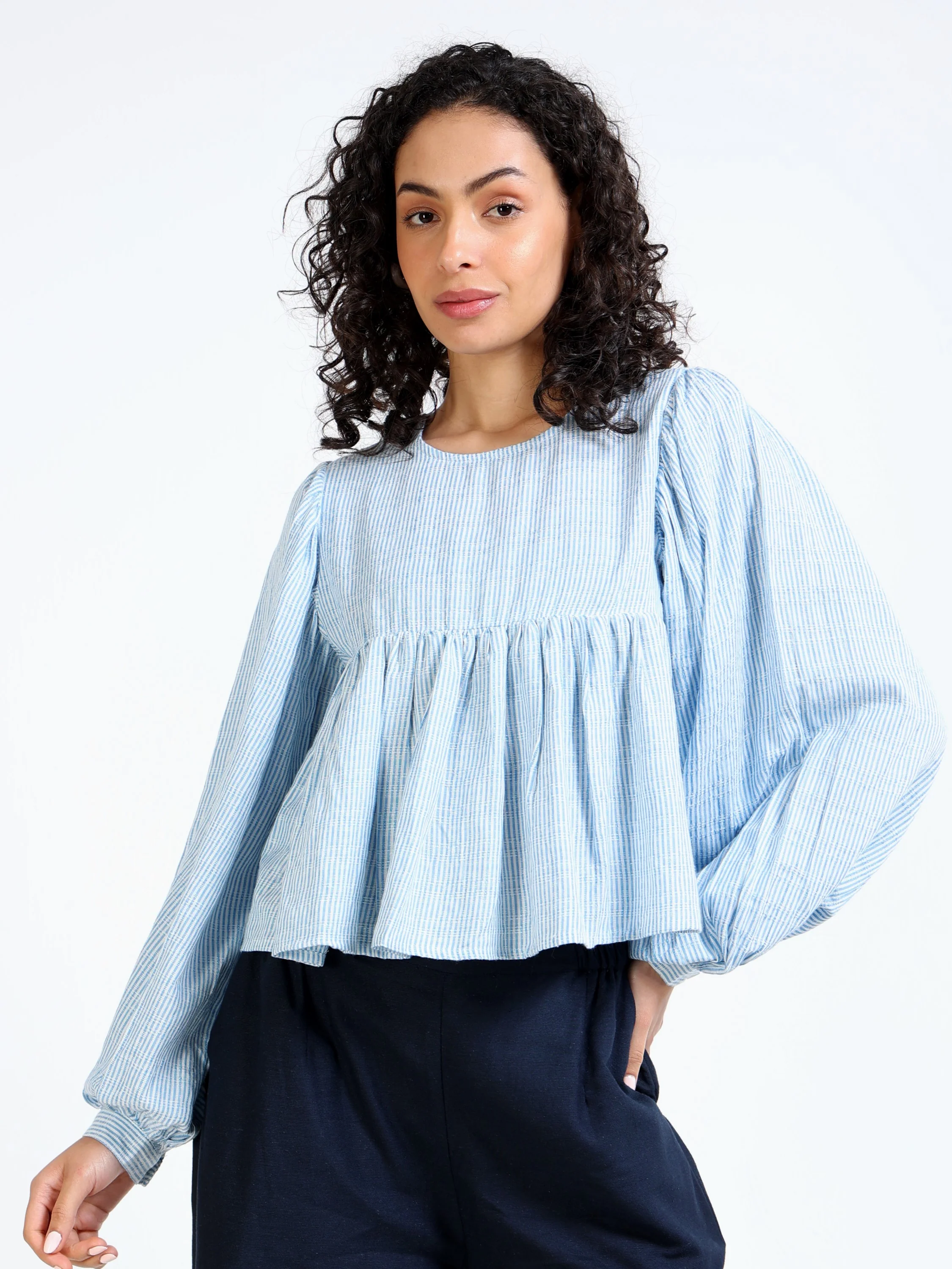 Women Blue Stripe Peplum Top - Image 2