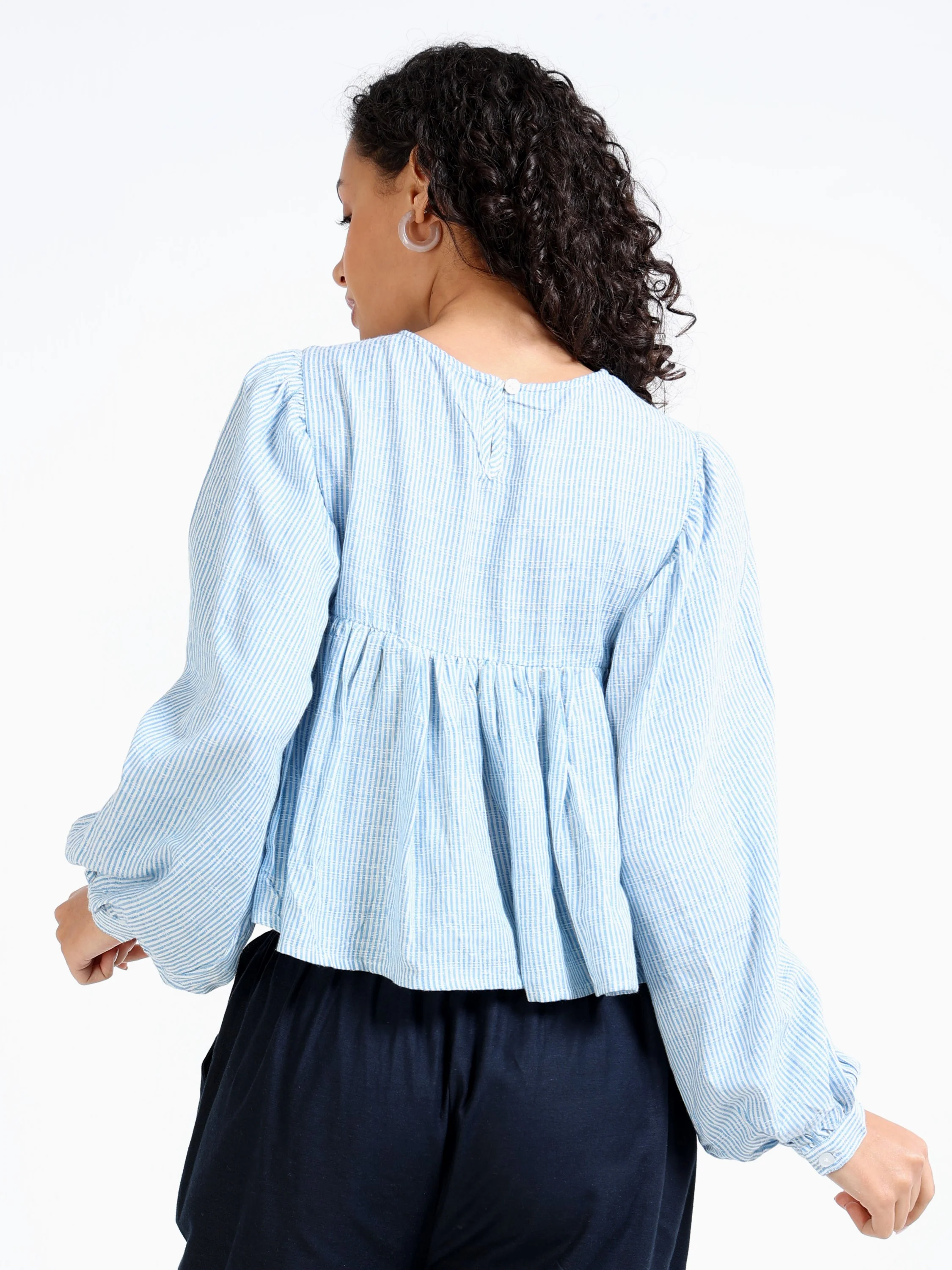 Women Blue Stripe Peplum Top - Image 4