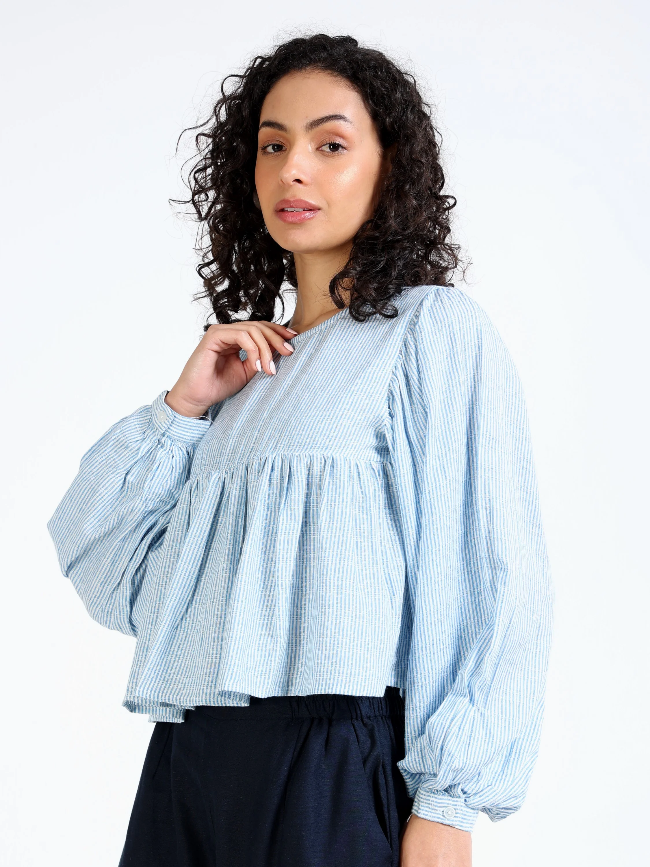 Women Blue Stripe Peplum Top - Image 5