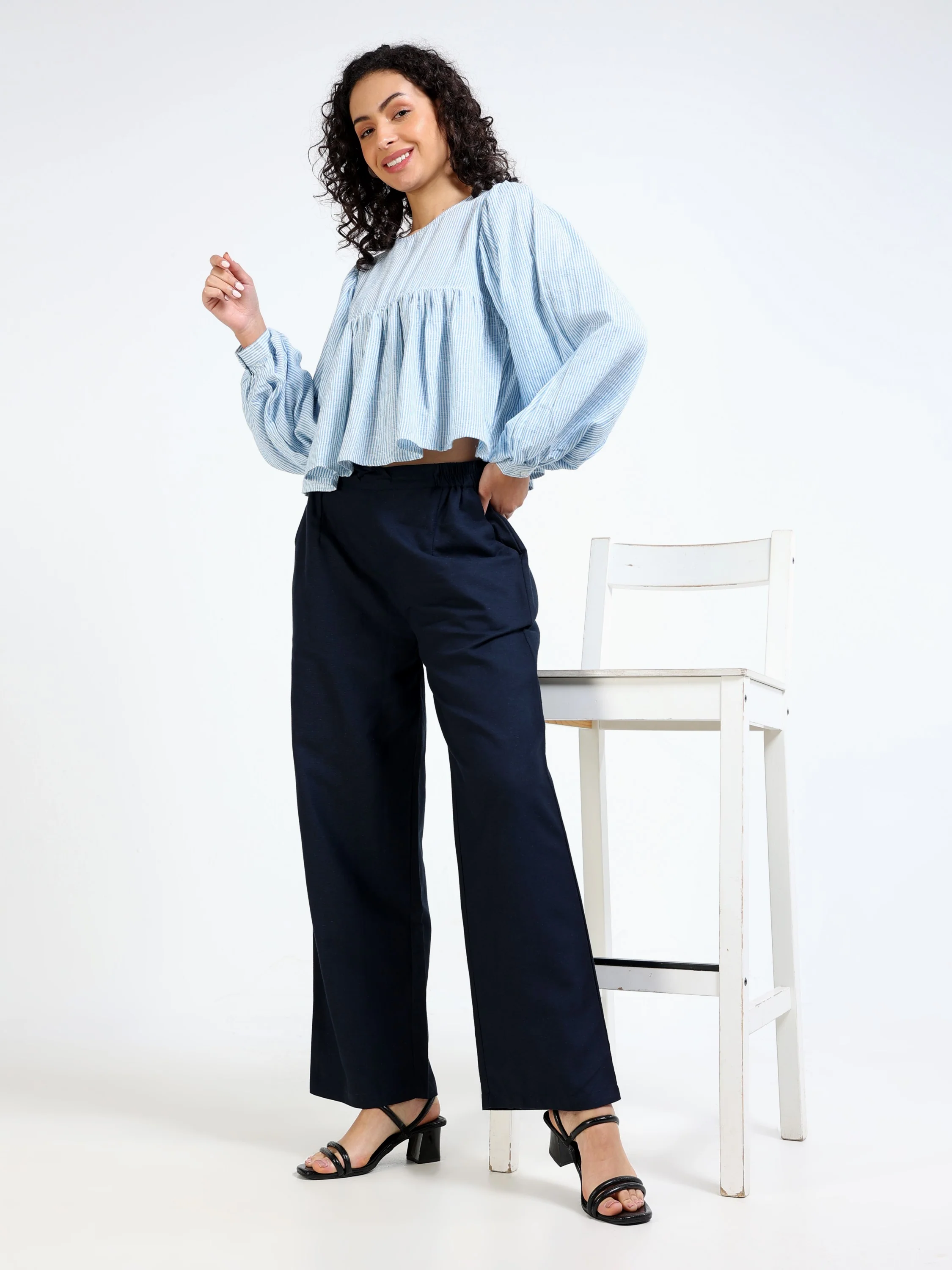 Women Blue Stripe Peplum Top - Image 6
