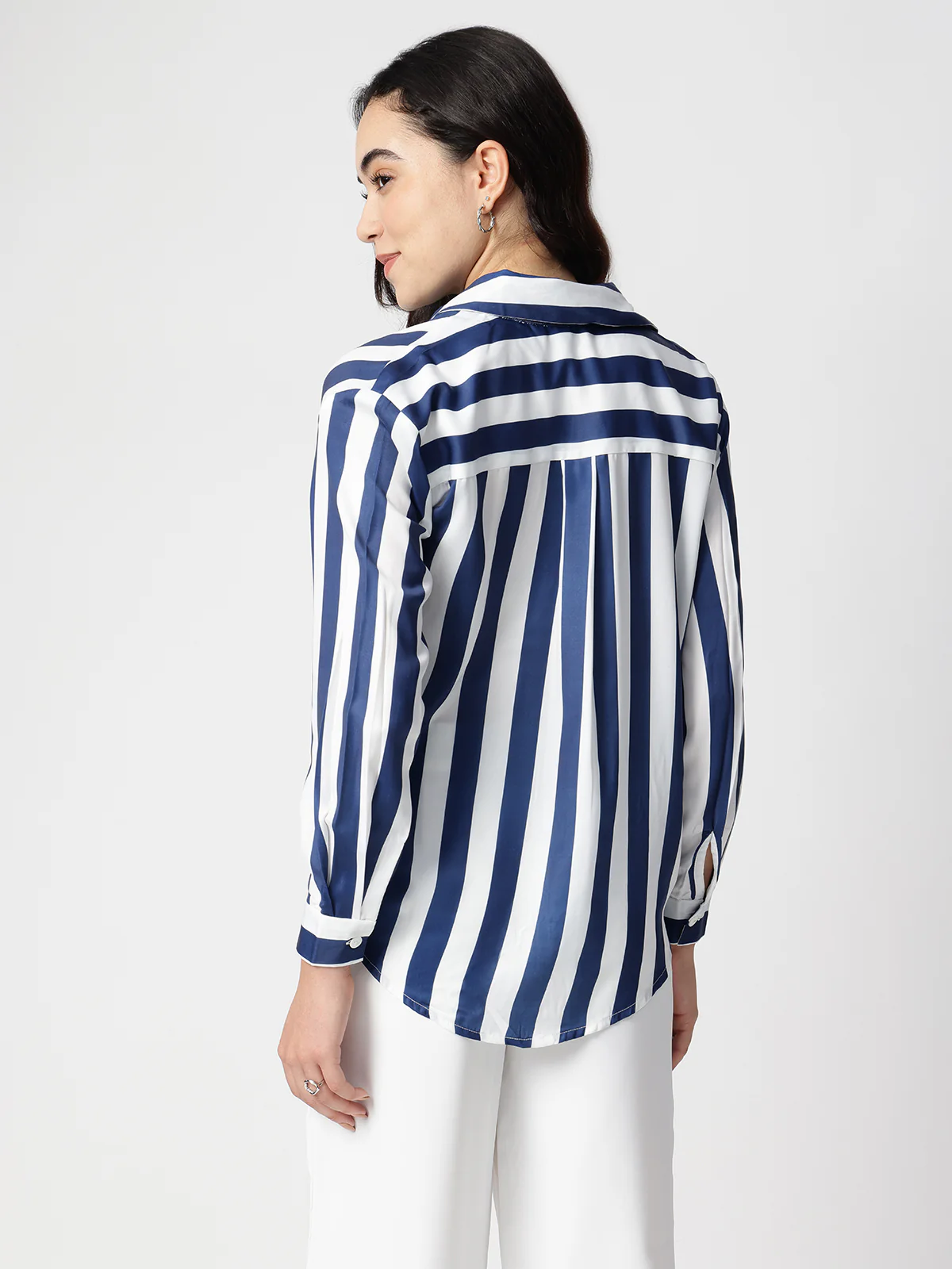 Women Blue Stripe Satin Collar Shirt - Image 2