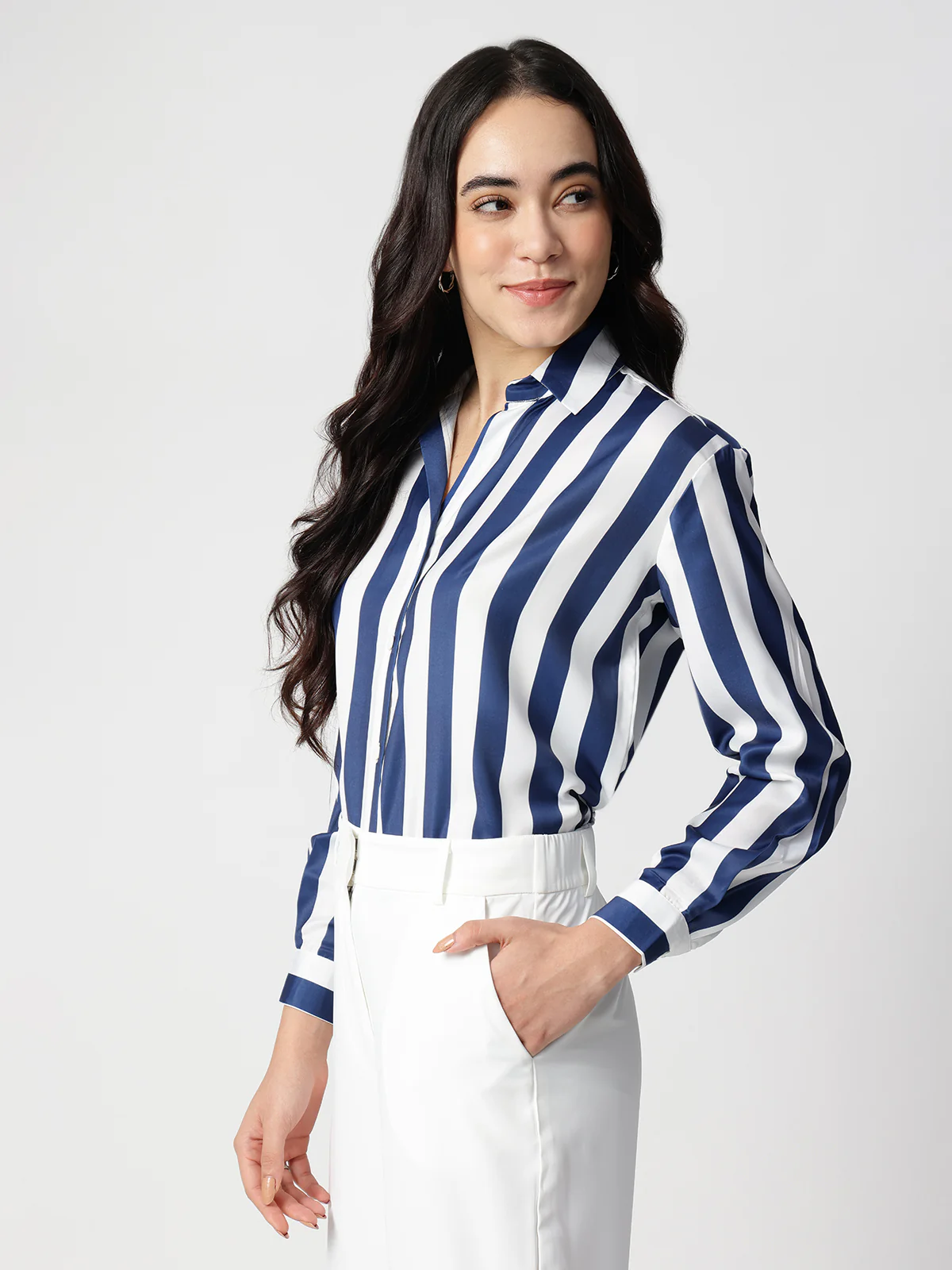 Women Blue Stripe Satin Collar Shirt - Image 3
