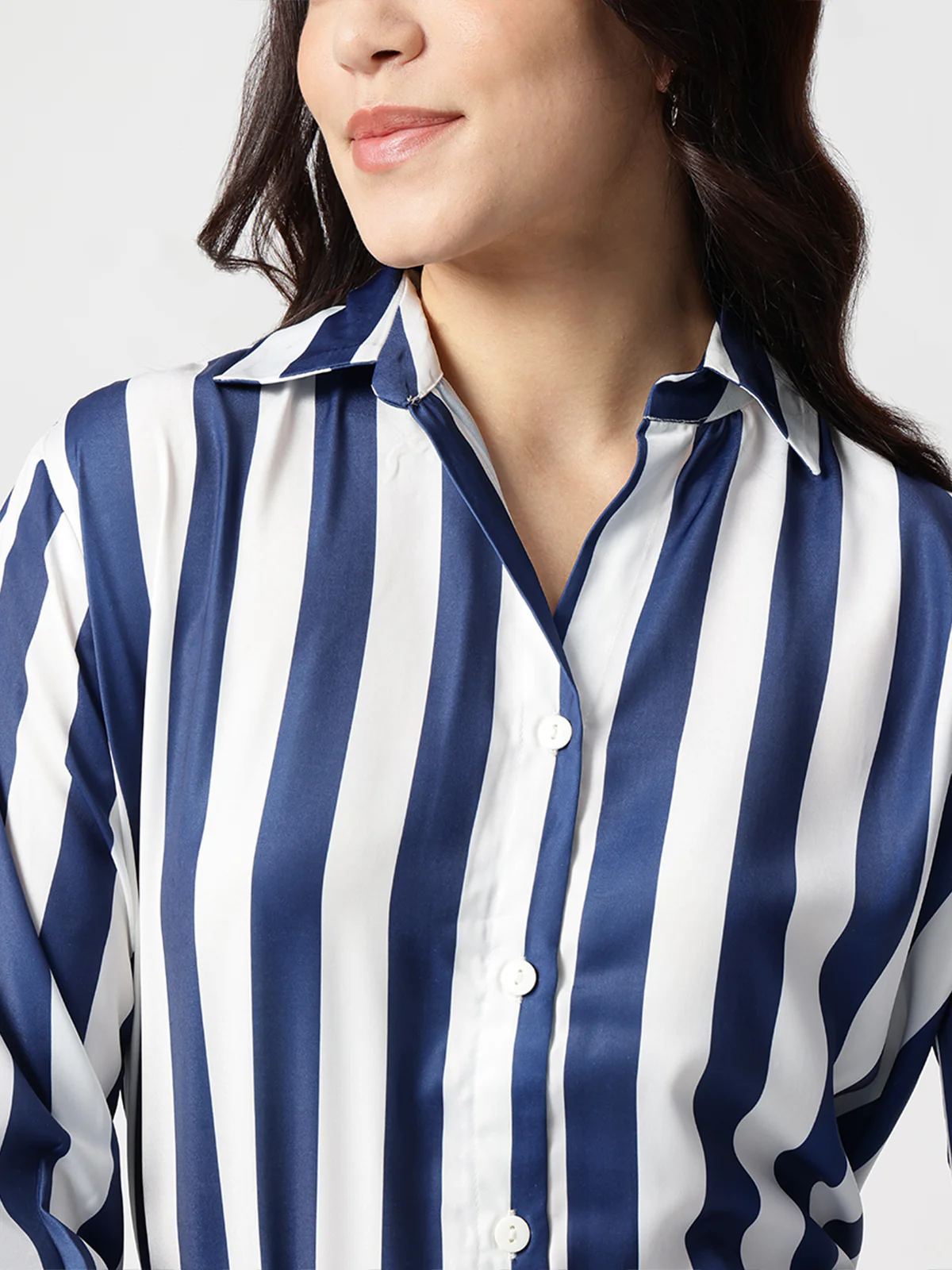 Women Blue Stripe Satin Collar Shirt - Image 4