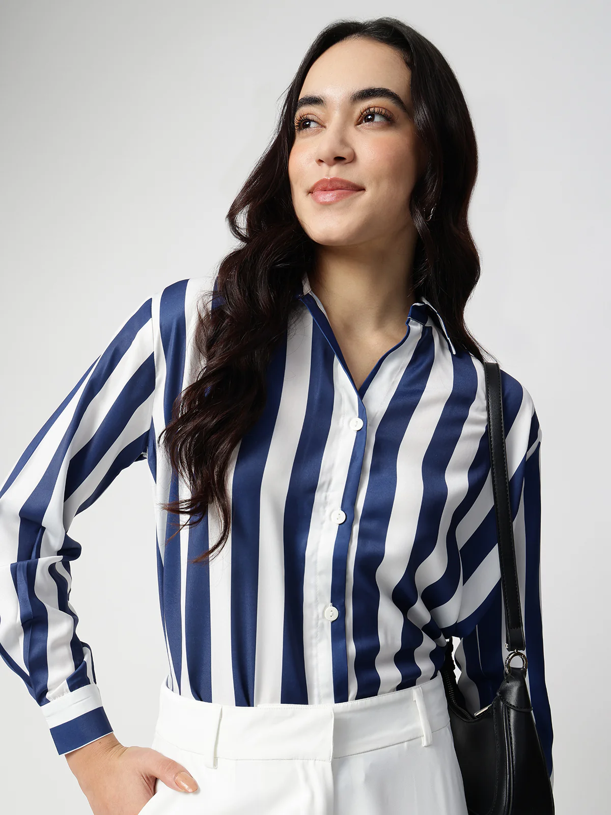 Women Blue Stripe Satin Collar Shirt - Image 5