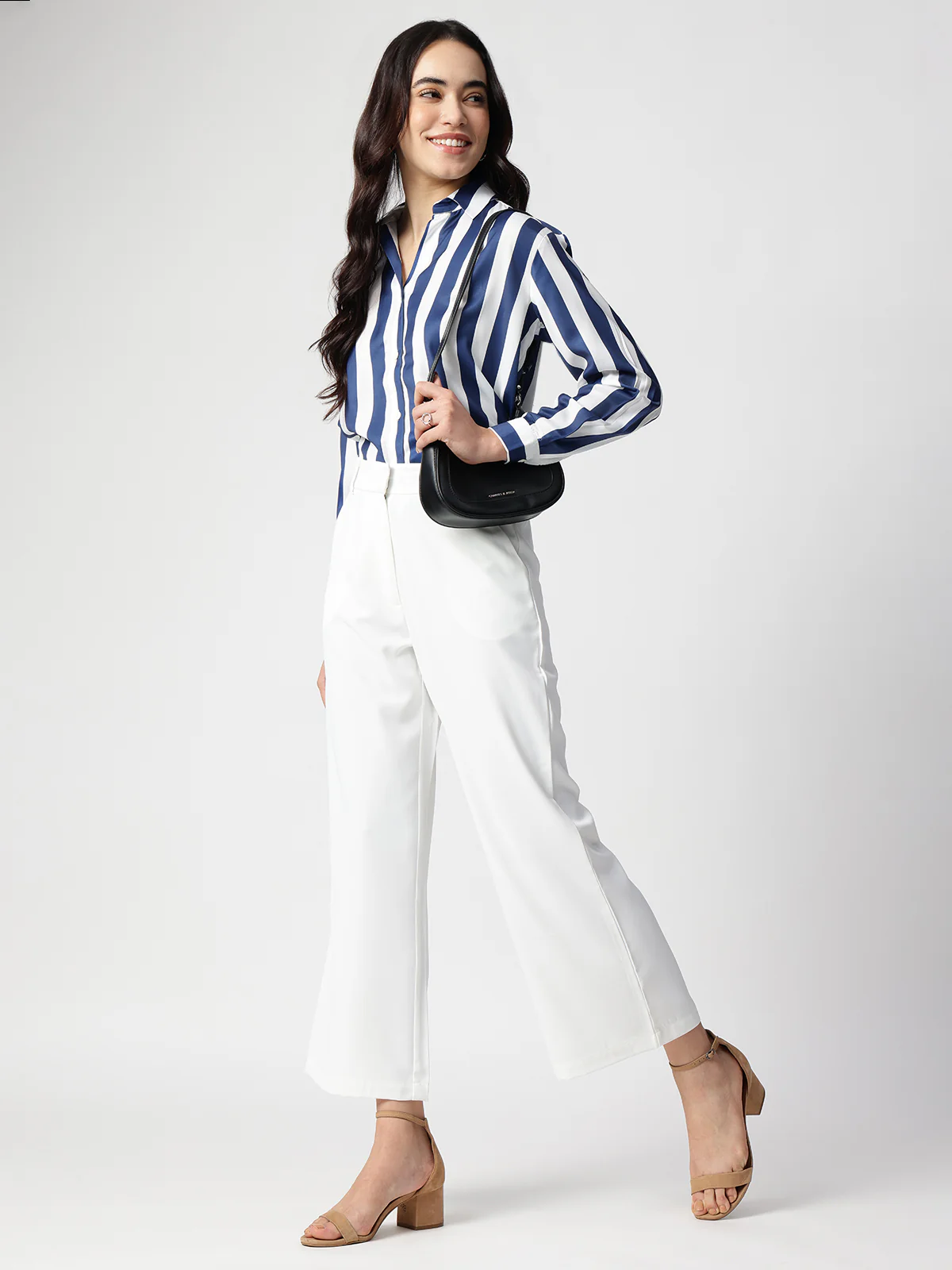 Women Blue Stripe Satin Collar Shirt - Image 6