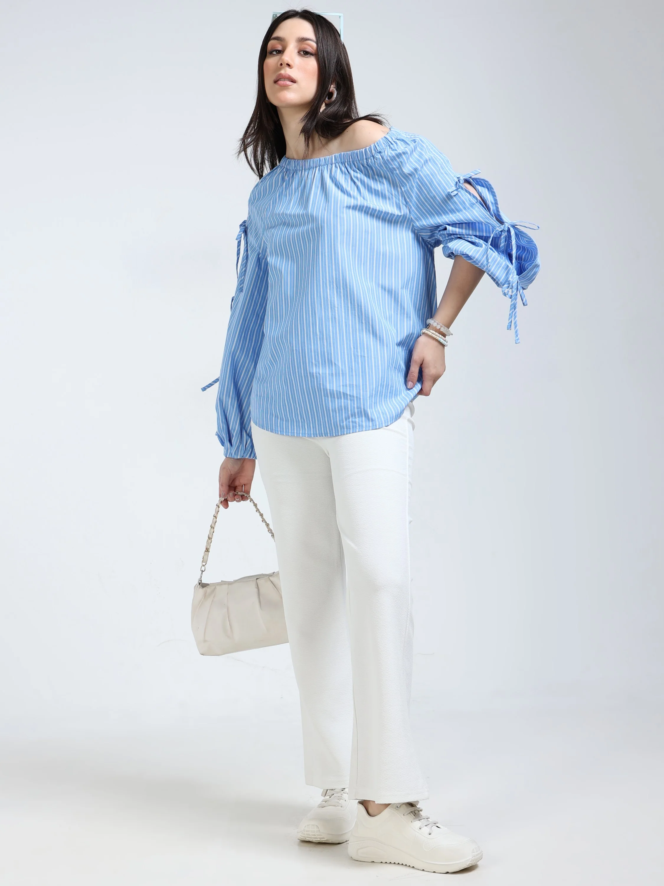 Women Blue Tie Up Sleeve Top - Image 2