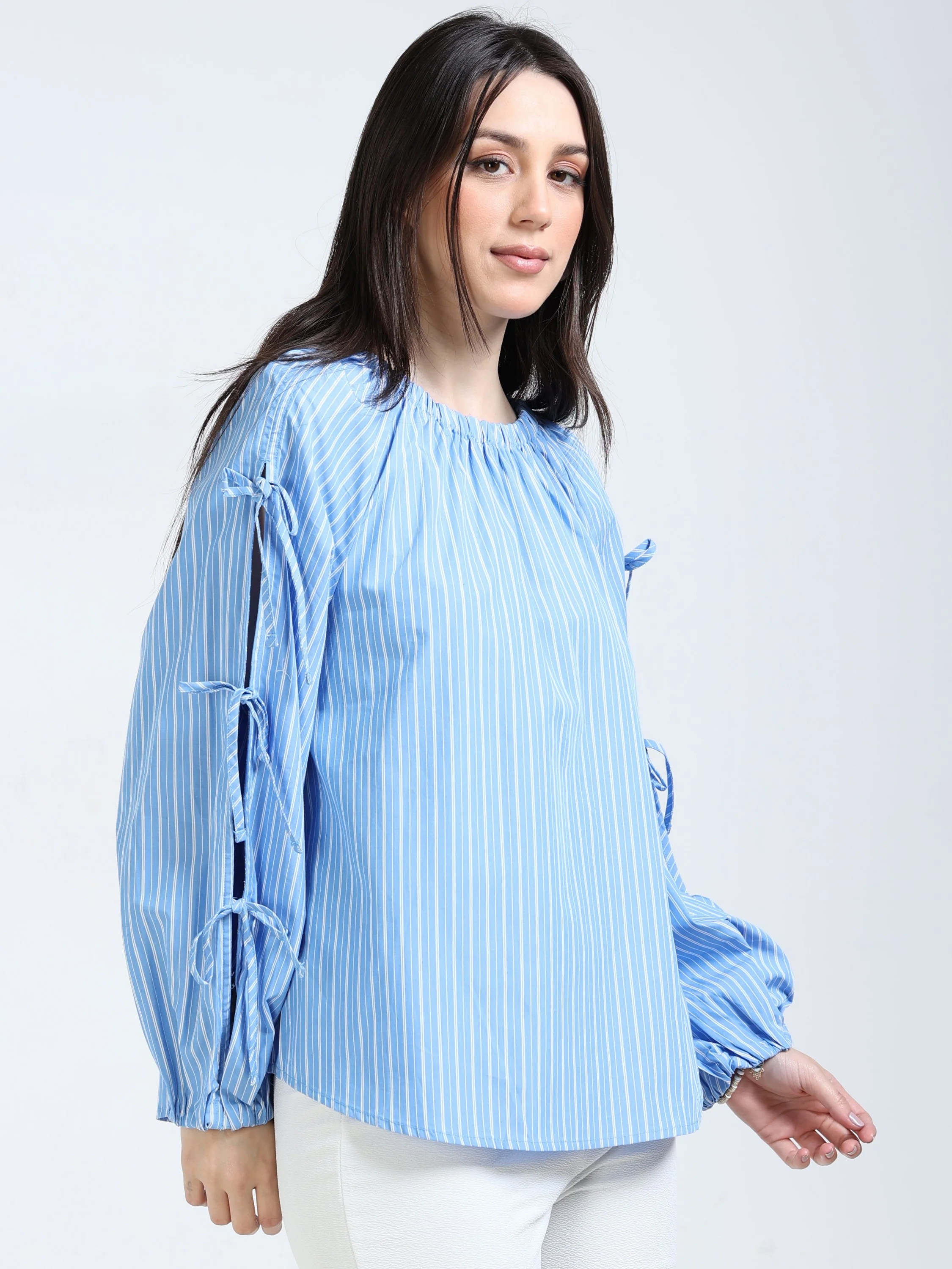 Women Blue Tie Up Sleeve Top - Image 3