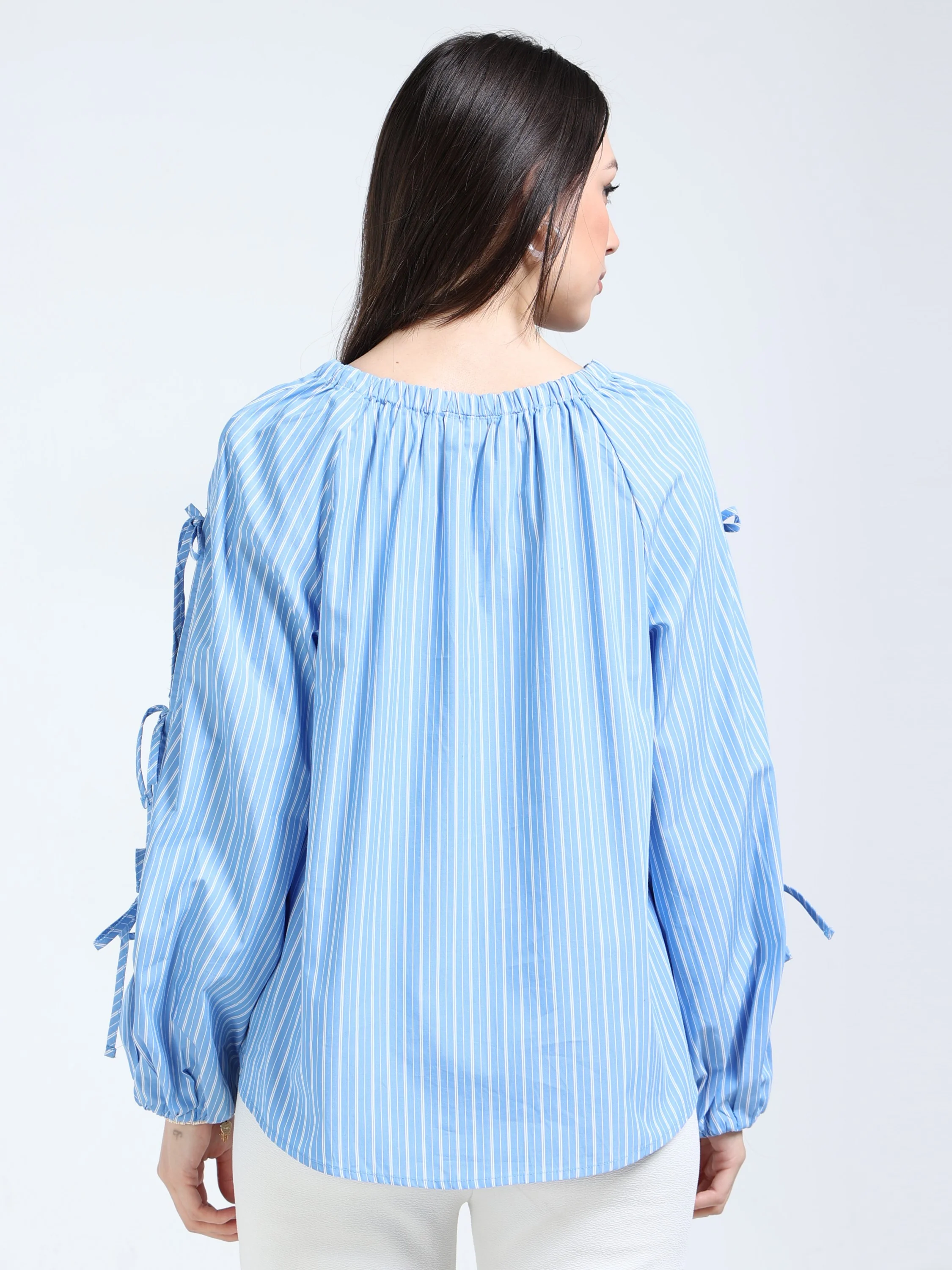 Women Blue Tie Up Sleeve Top - Image 4