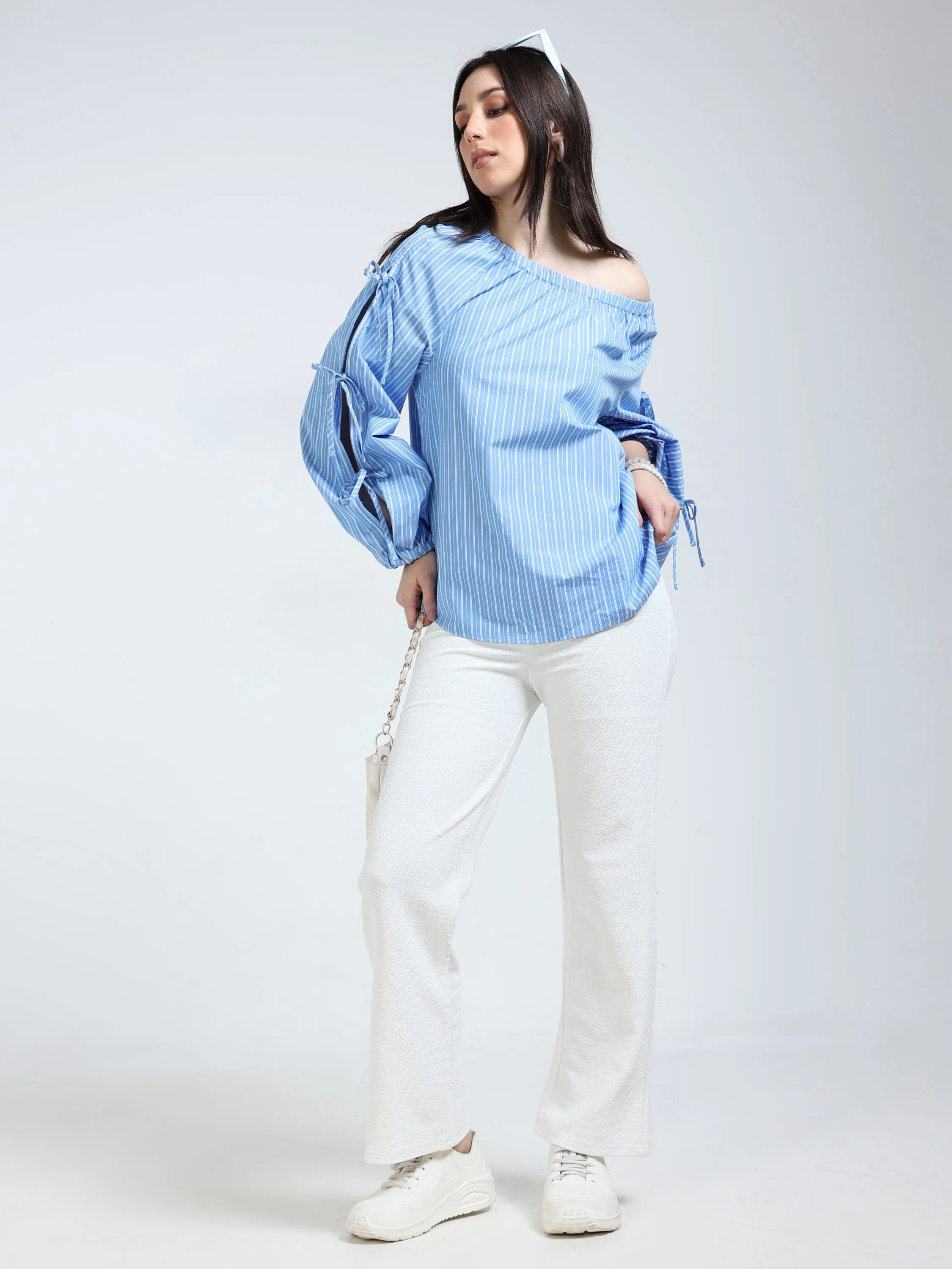 Women Blue Tie Up Sleeve Top - Image 7