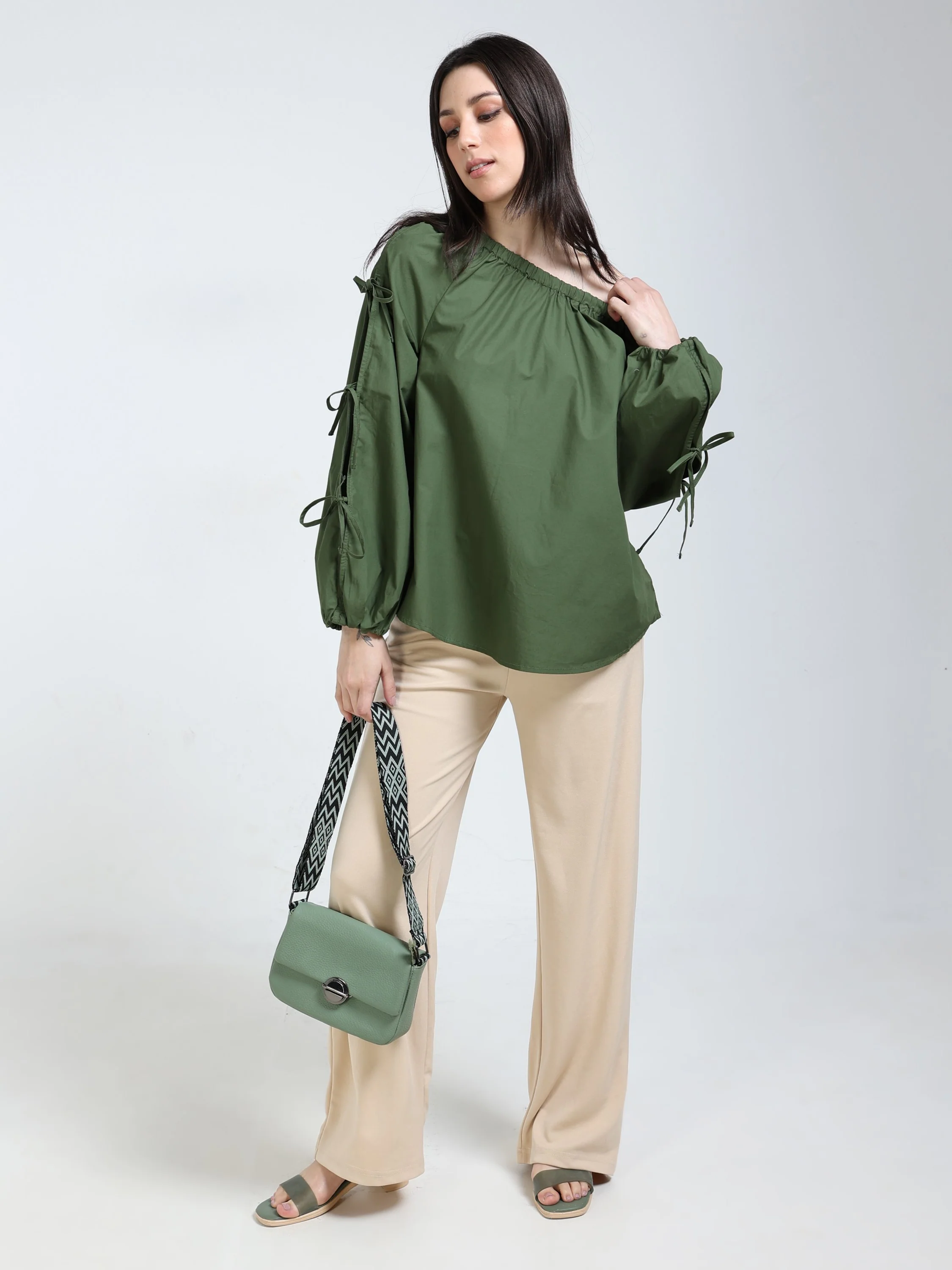Women Green Tie Up Sleeve Top - Image 2