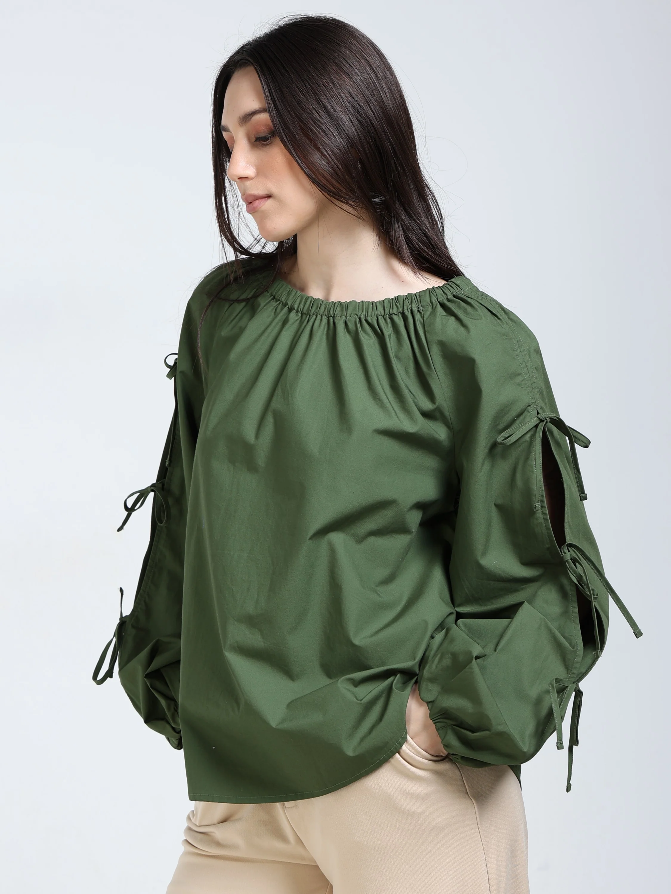 Women Green Tie Up Sleeve Top - Image 3