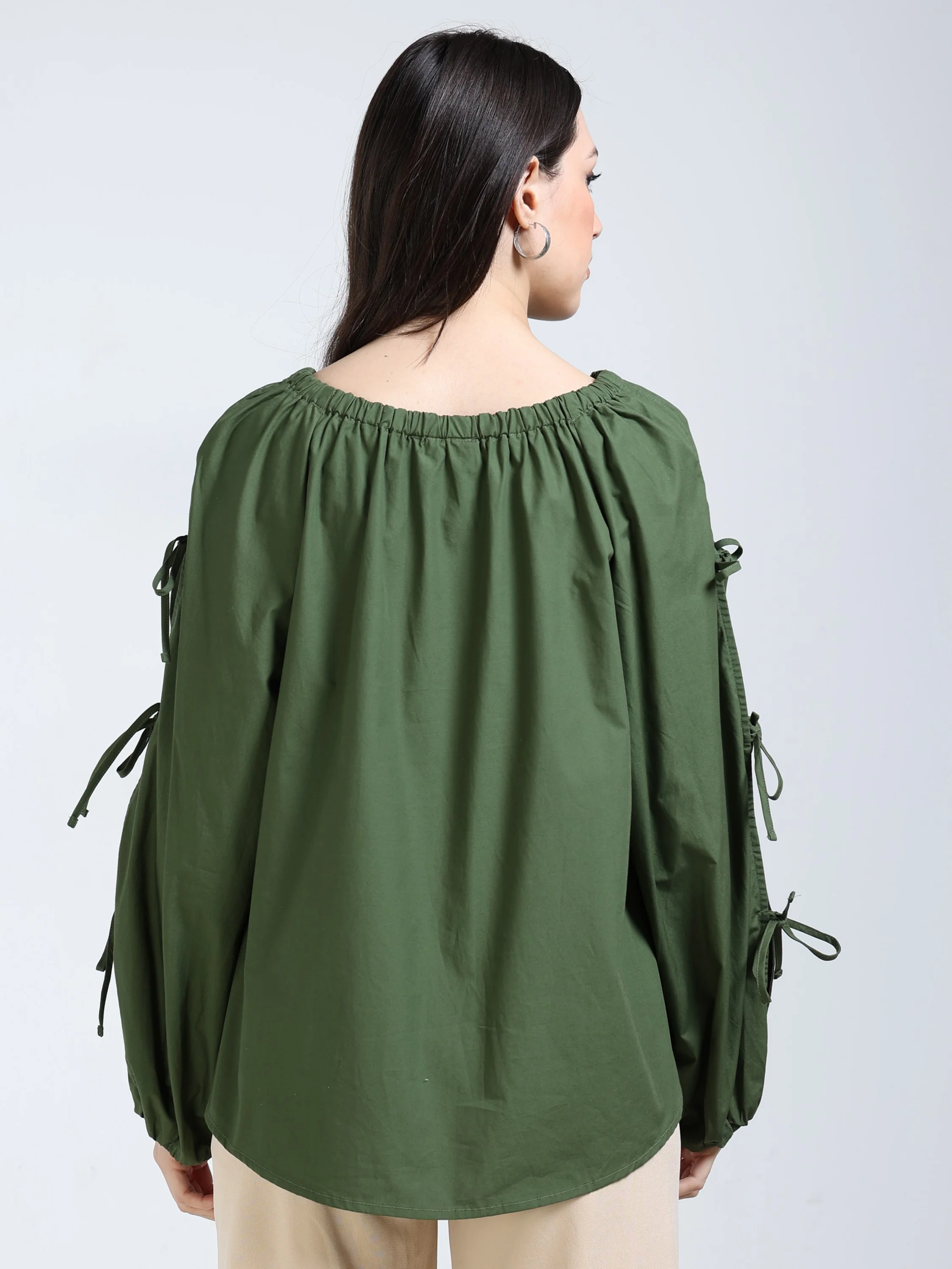 Women Green Tie Up Sleeve Top - Image 4
