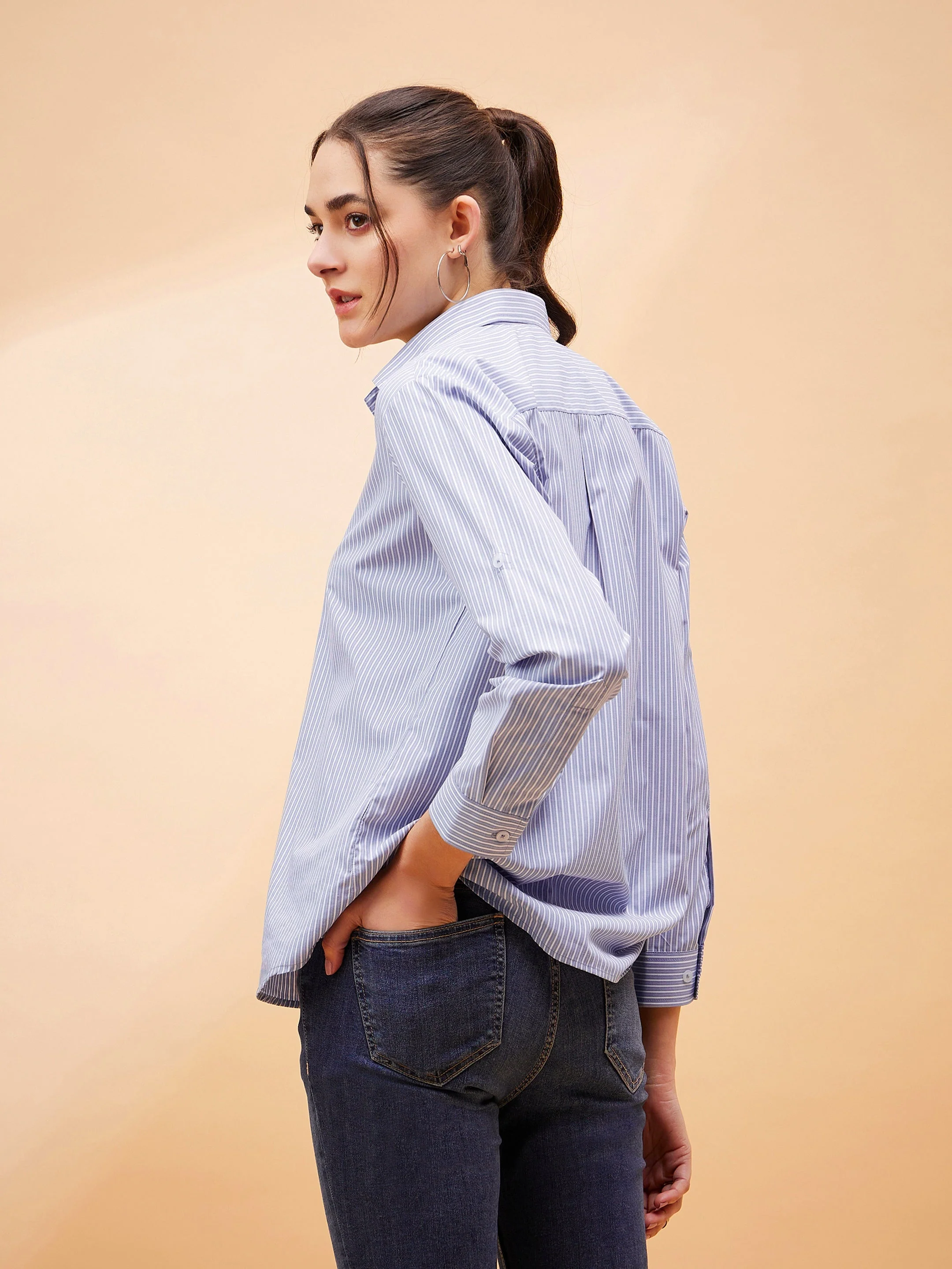 Women Blue Striped Oversized Shirt - Image 2
