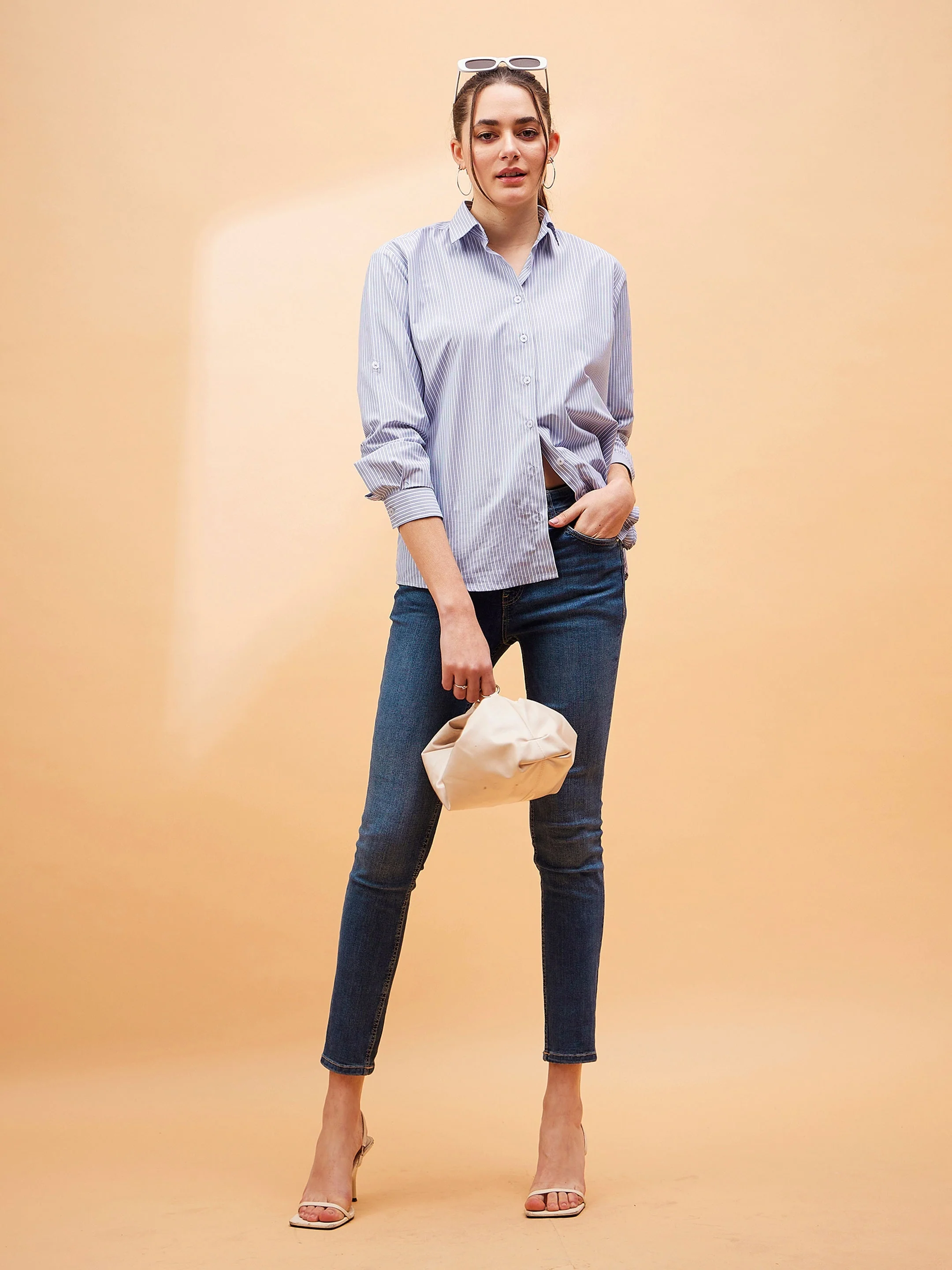 Women Blue Striped Oversized Shirt - Image 5