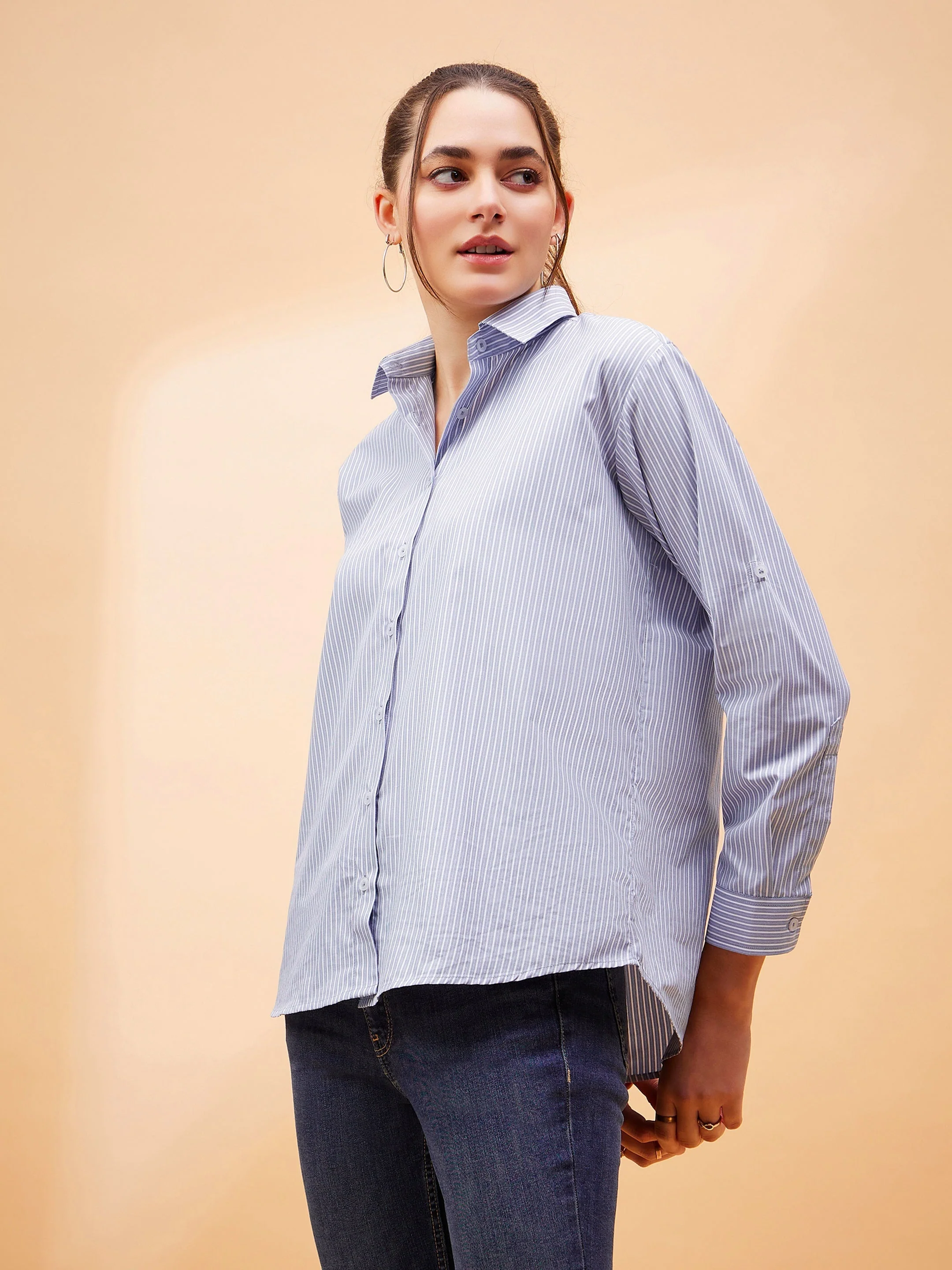 Women Blue Striped Oversized Shirt - Image 6