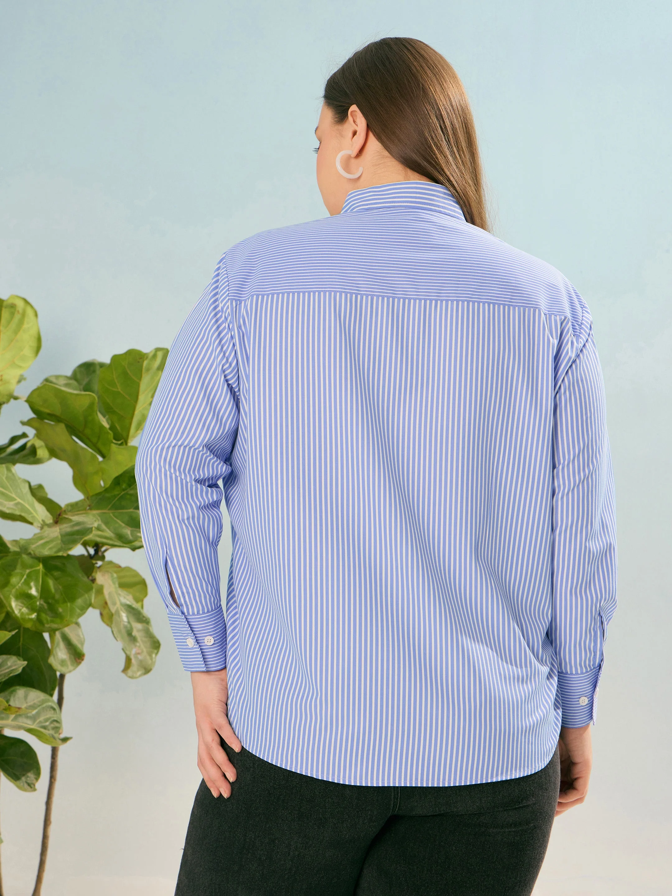 Women Blue Striped Poplin Regular Shirt - Image 2
