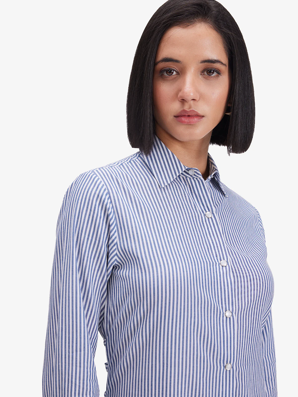 Women Blue Striped Tie-Back Shirt Dress - Image 4