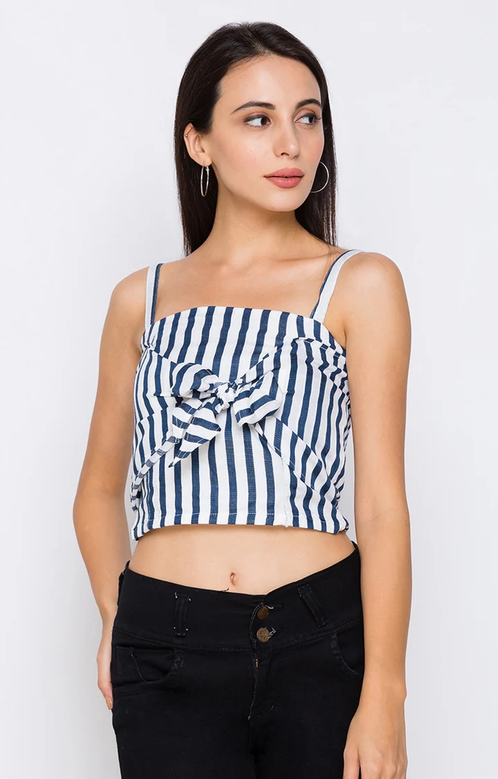 Women Blue Striped Crop Top - Image 2