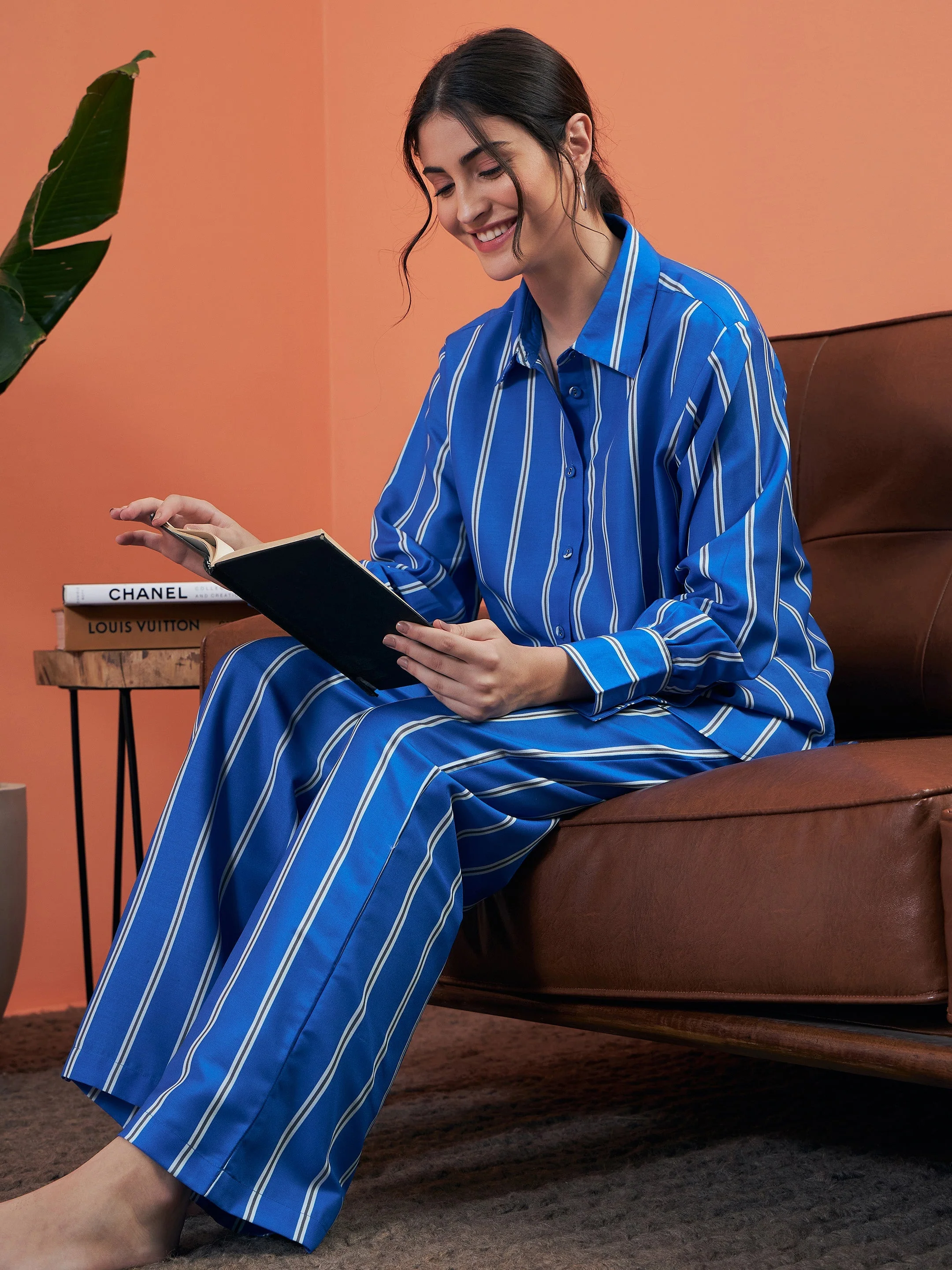 Women Blue Stripes Shirt With Lounge Pants - Image 2