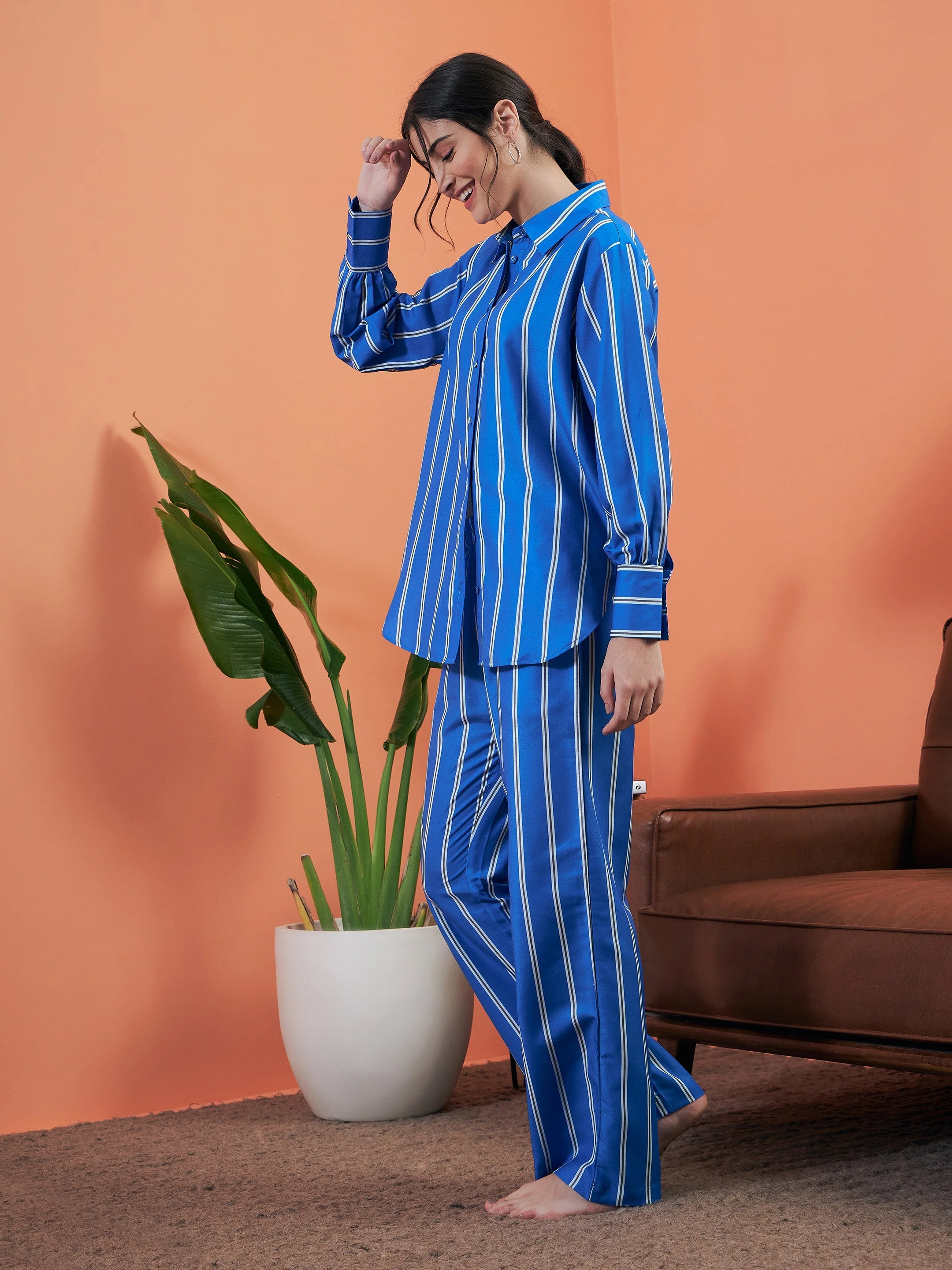 Women Blue Stripes Shirt With Lounge Pants - Image 3