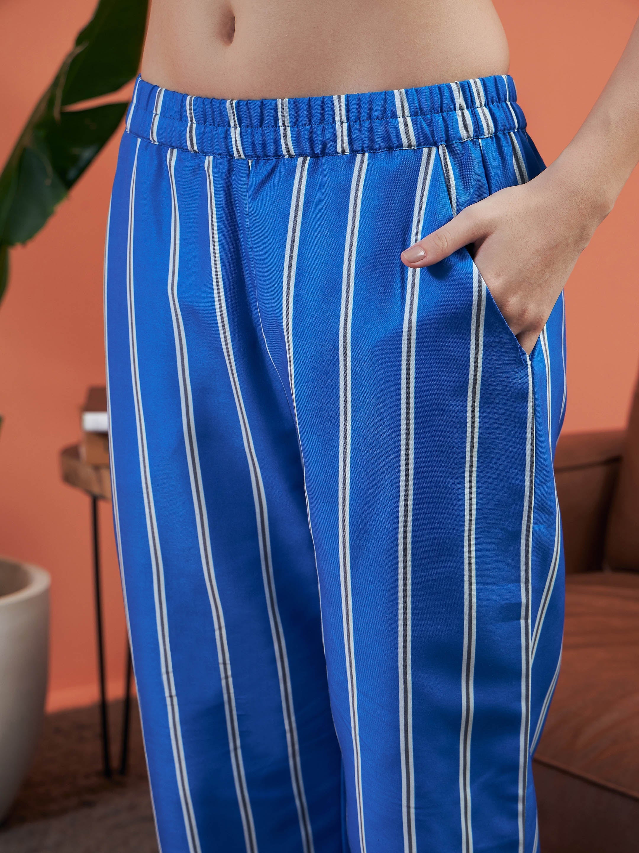Women Blue Stripes Shirt With Lounge Pants - Image 5