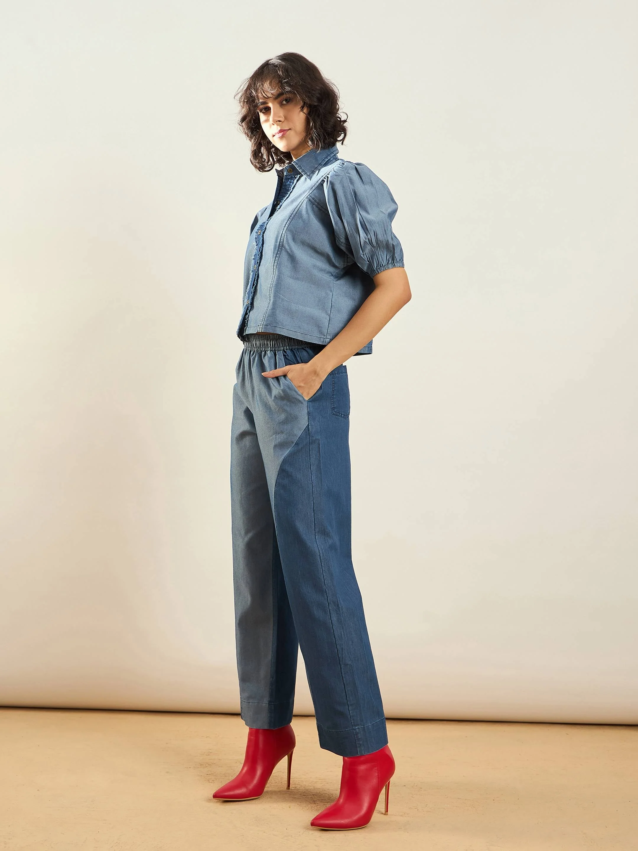 Women Blue Tencel ColorBlock Shirt With Straight Pants - Image 3