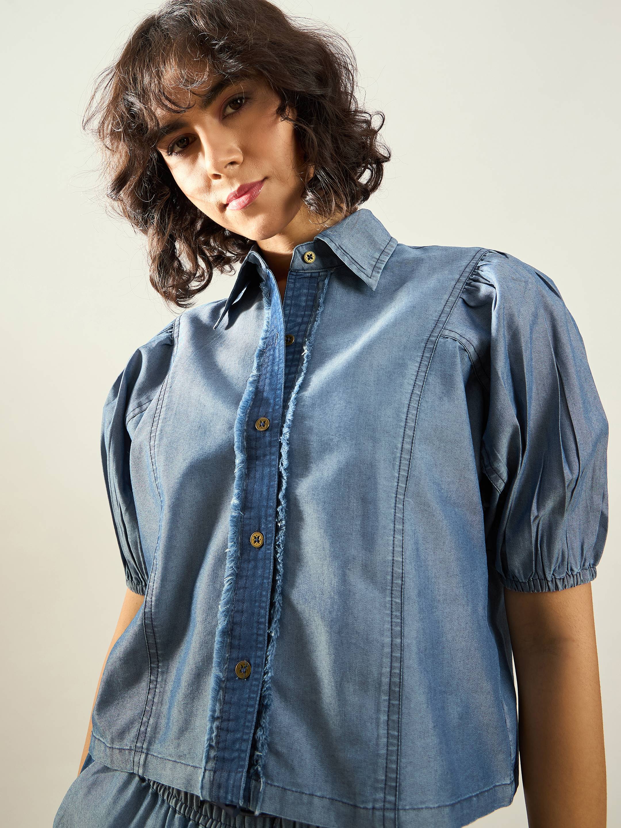 Women Blue Tencel ColorBlock Shirt With Straight Pants - Image 4