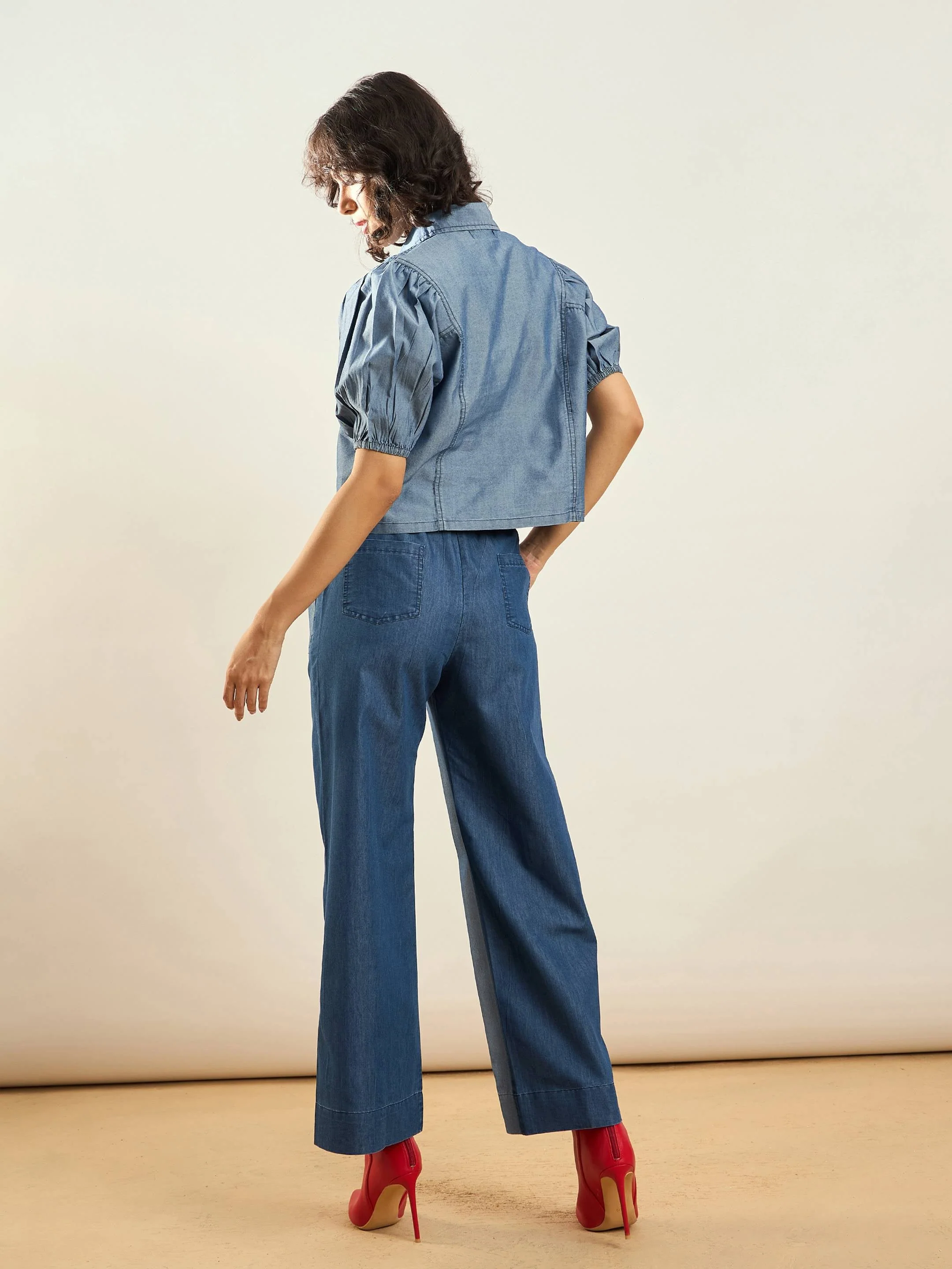 Women Blue Tencel ColorBlock Shirt With Straight Pants - Image 6