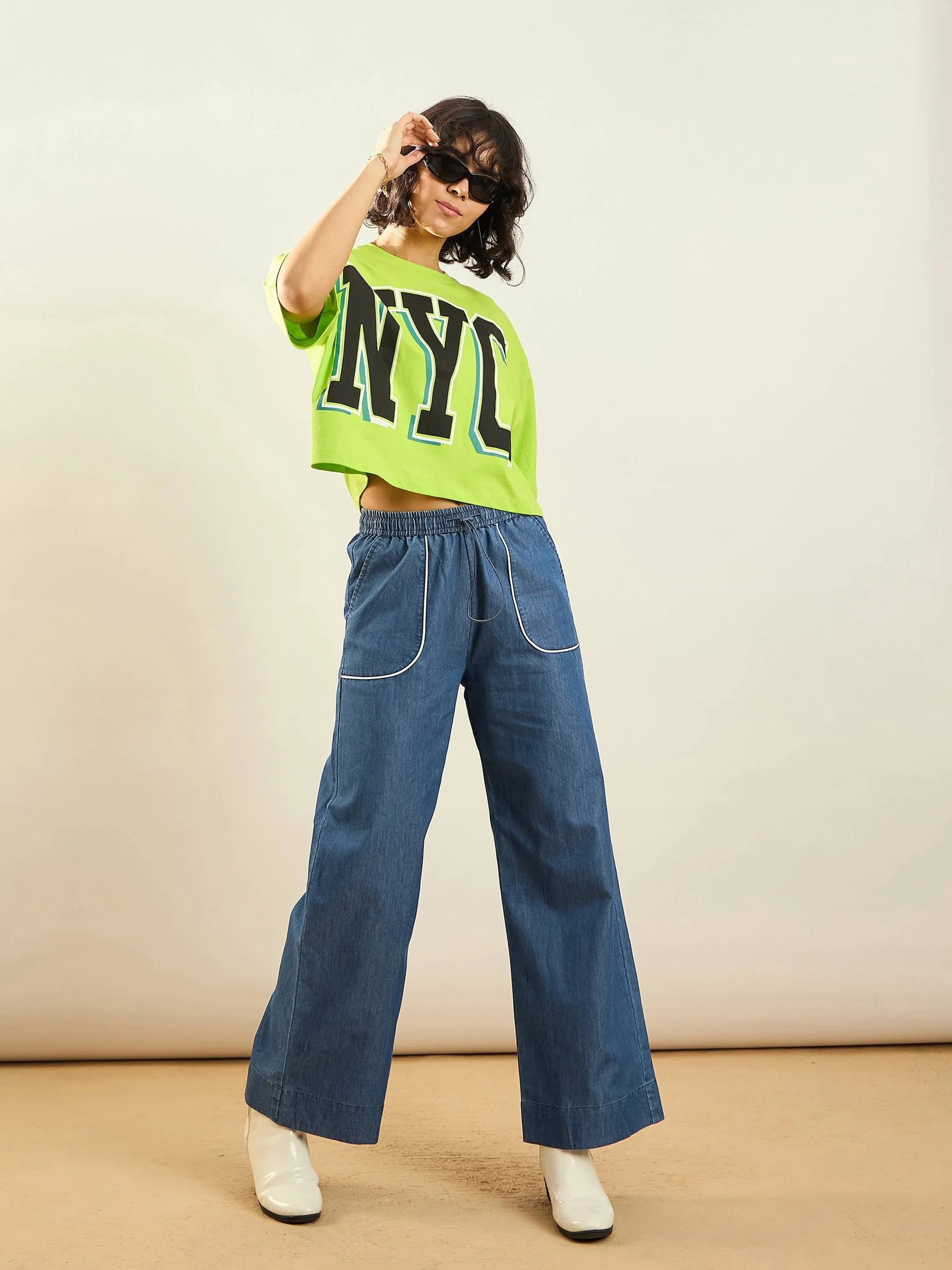 Women Blue Tencel Contrast Piping Detail Pants - Image 6