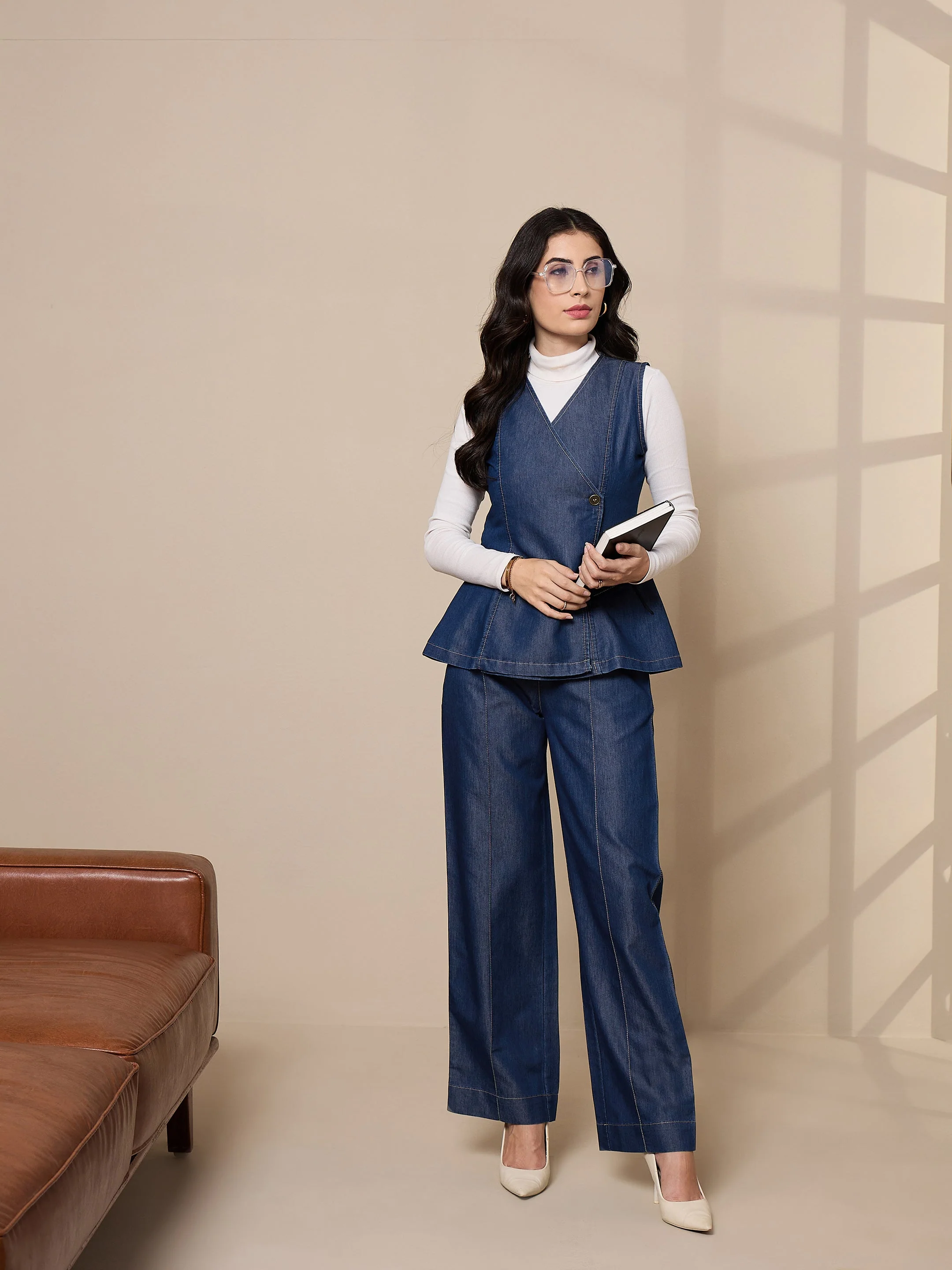 Women Blue Tencel Vest Top With Pants - Image 4