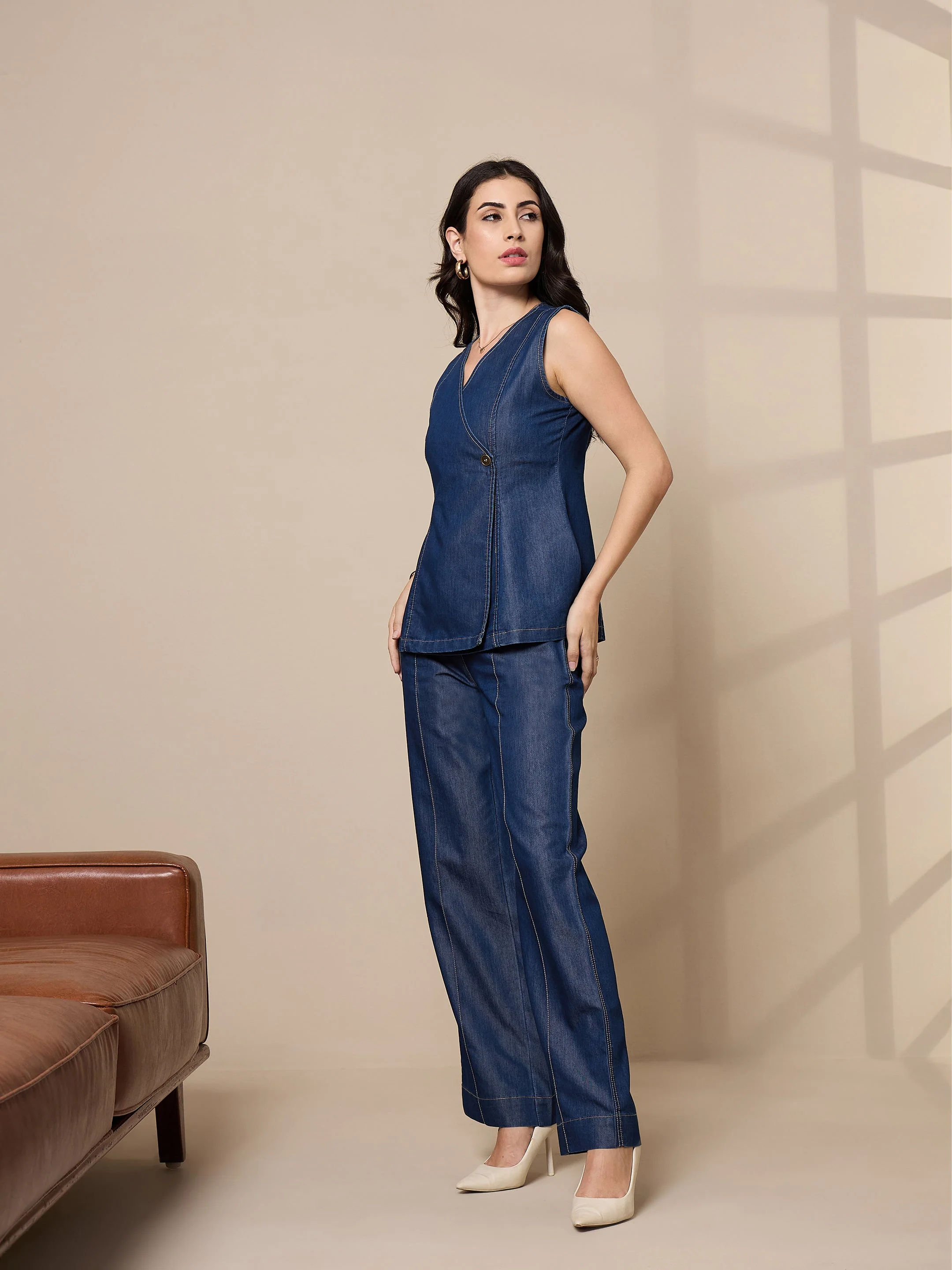 Women Blue Tencel Vest Top With Pants - Image 5