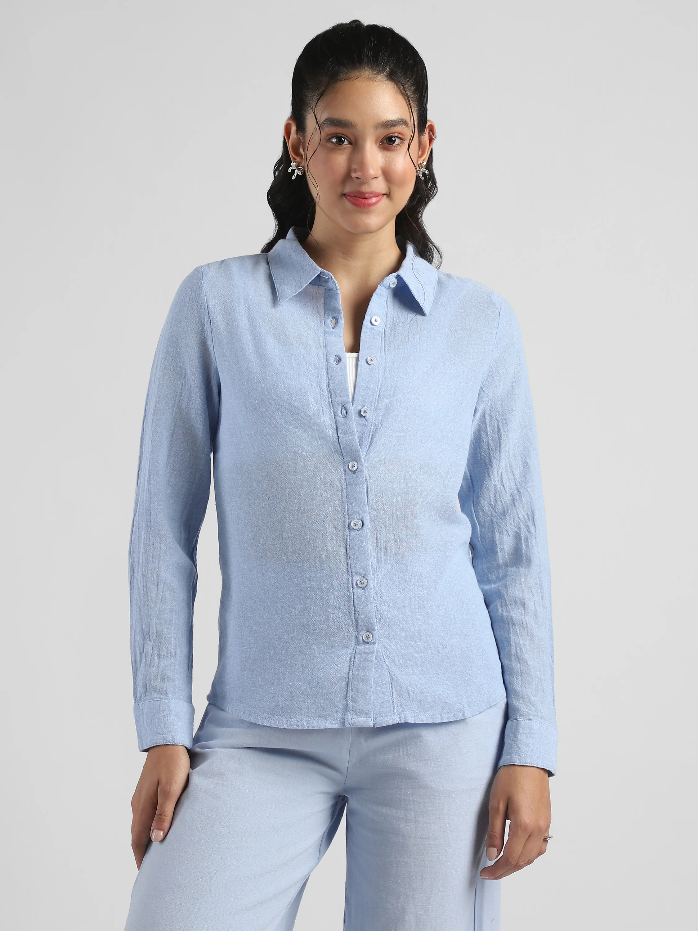 Women Blue Textured Regular Fit Shirt - Image 2