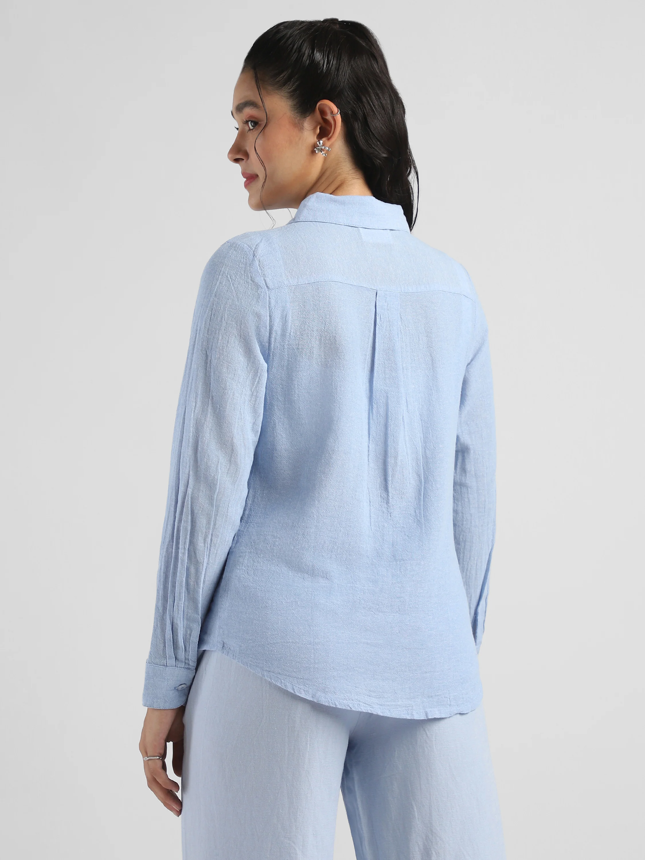 Women Blue Textured Regular Fit Shirt - Image 3