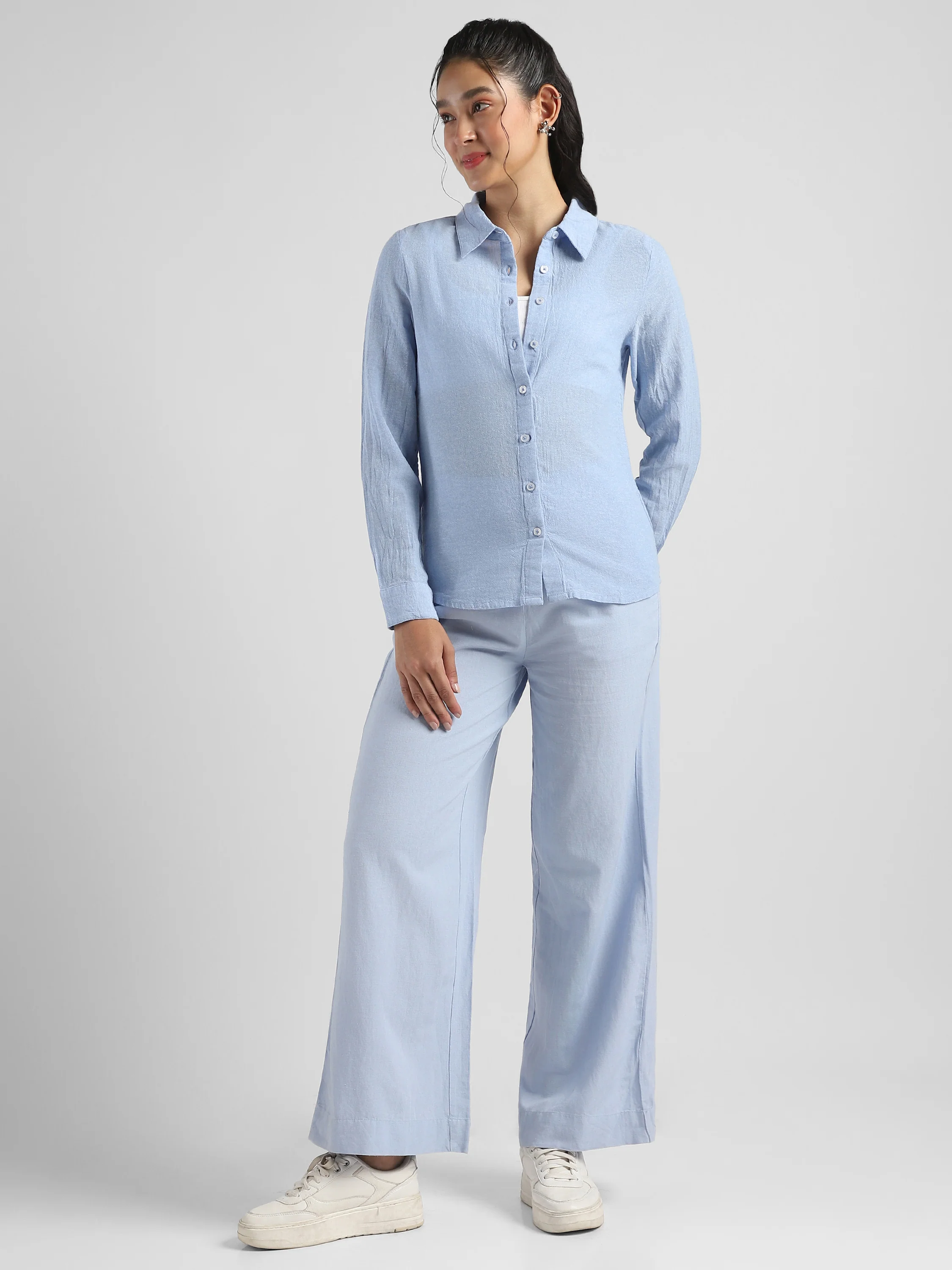 Women Blue Textured Regular Fit Shirt - Image 4