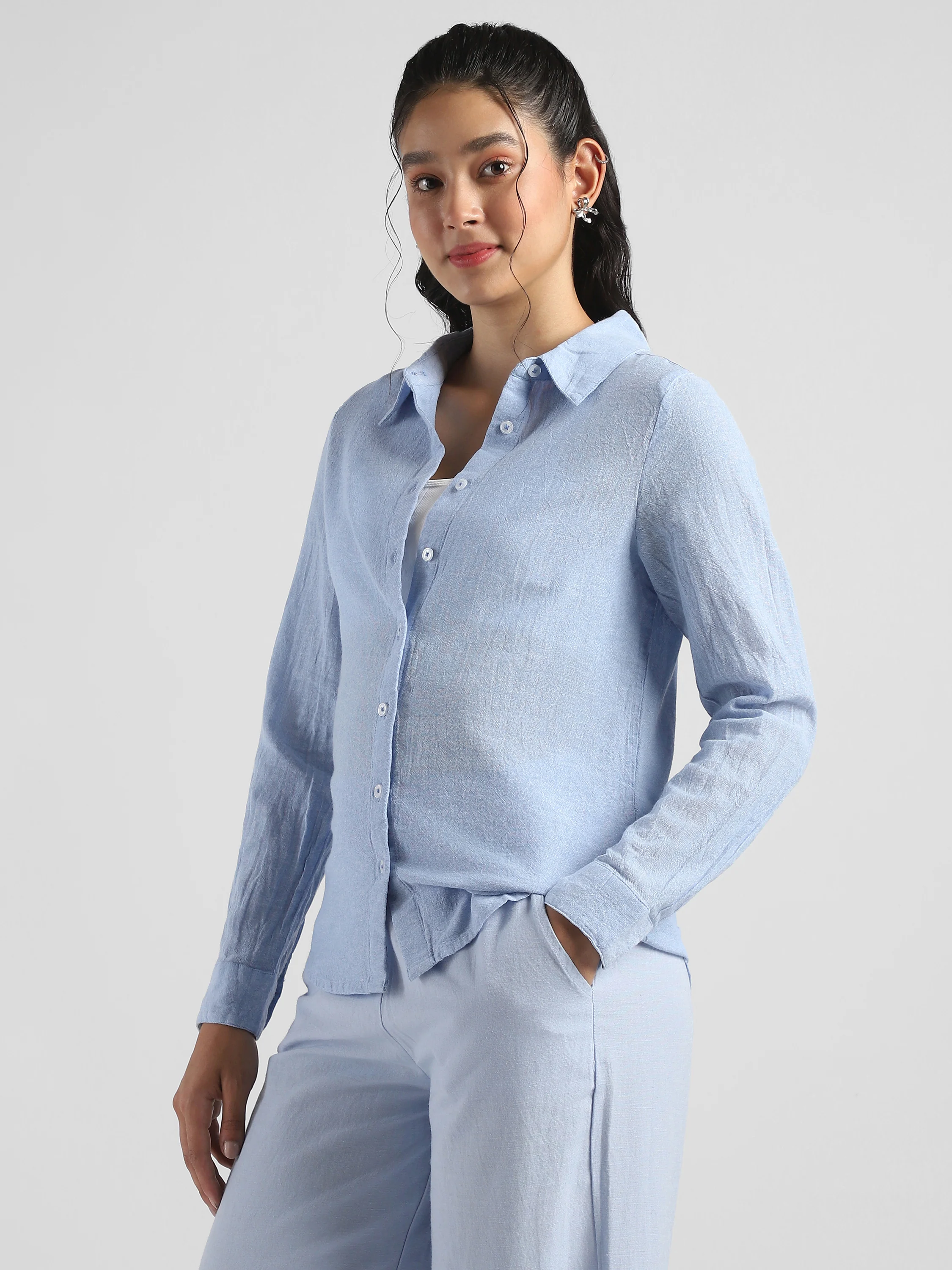 Women Blue Textured Regular Fit Shirt - Image 5