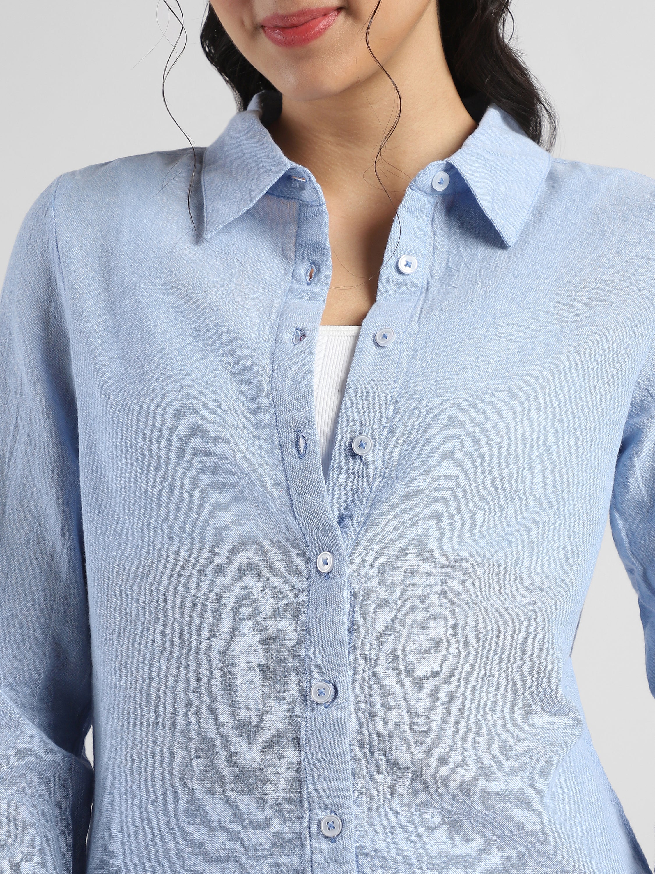 Women Blue Textured Regular Fit Shirt - Image 6