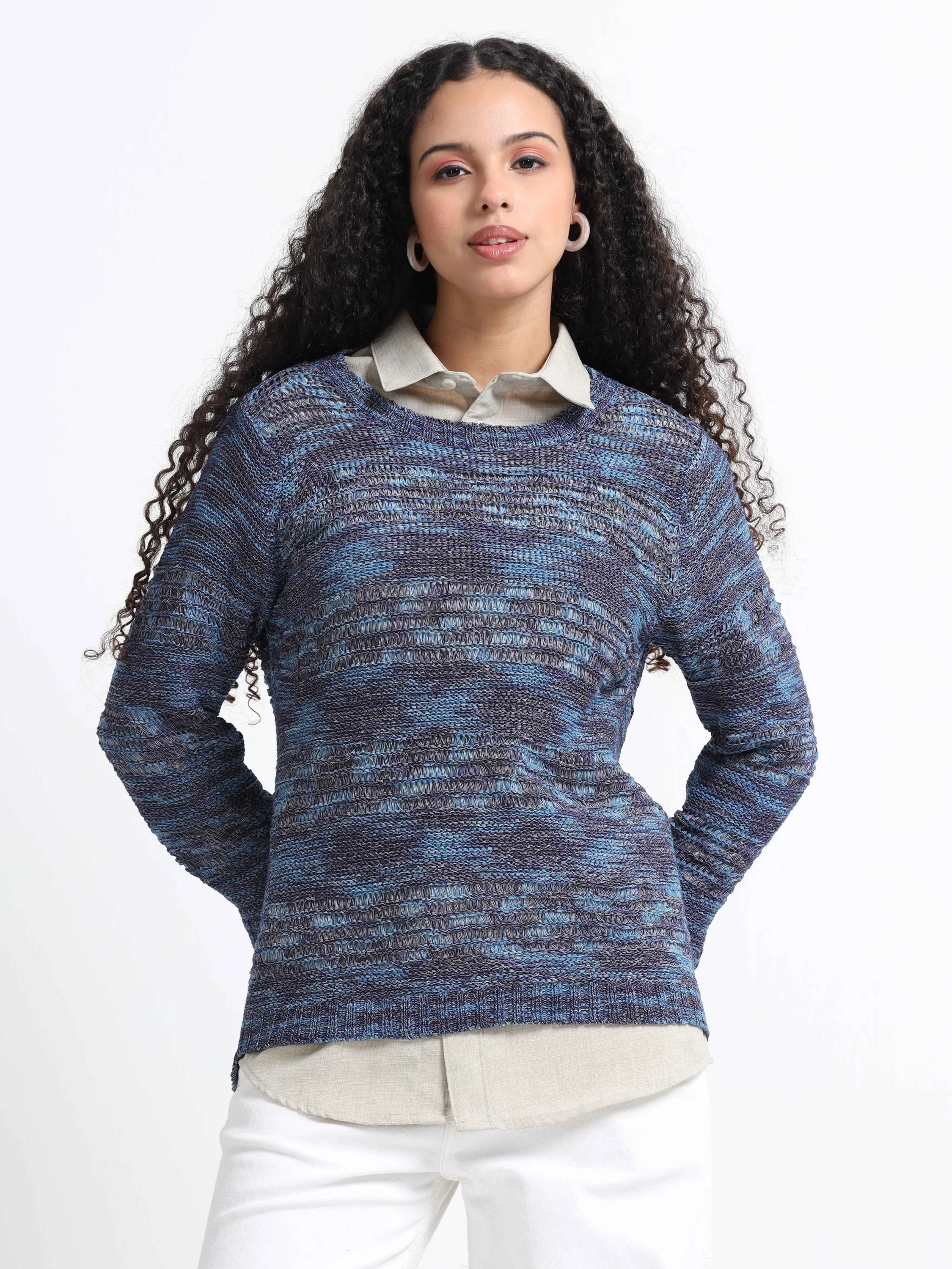 Women Blue Textured Sweater - Image 2