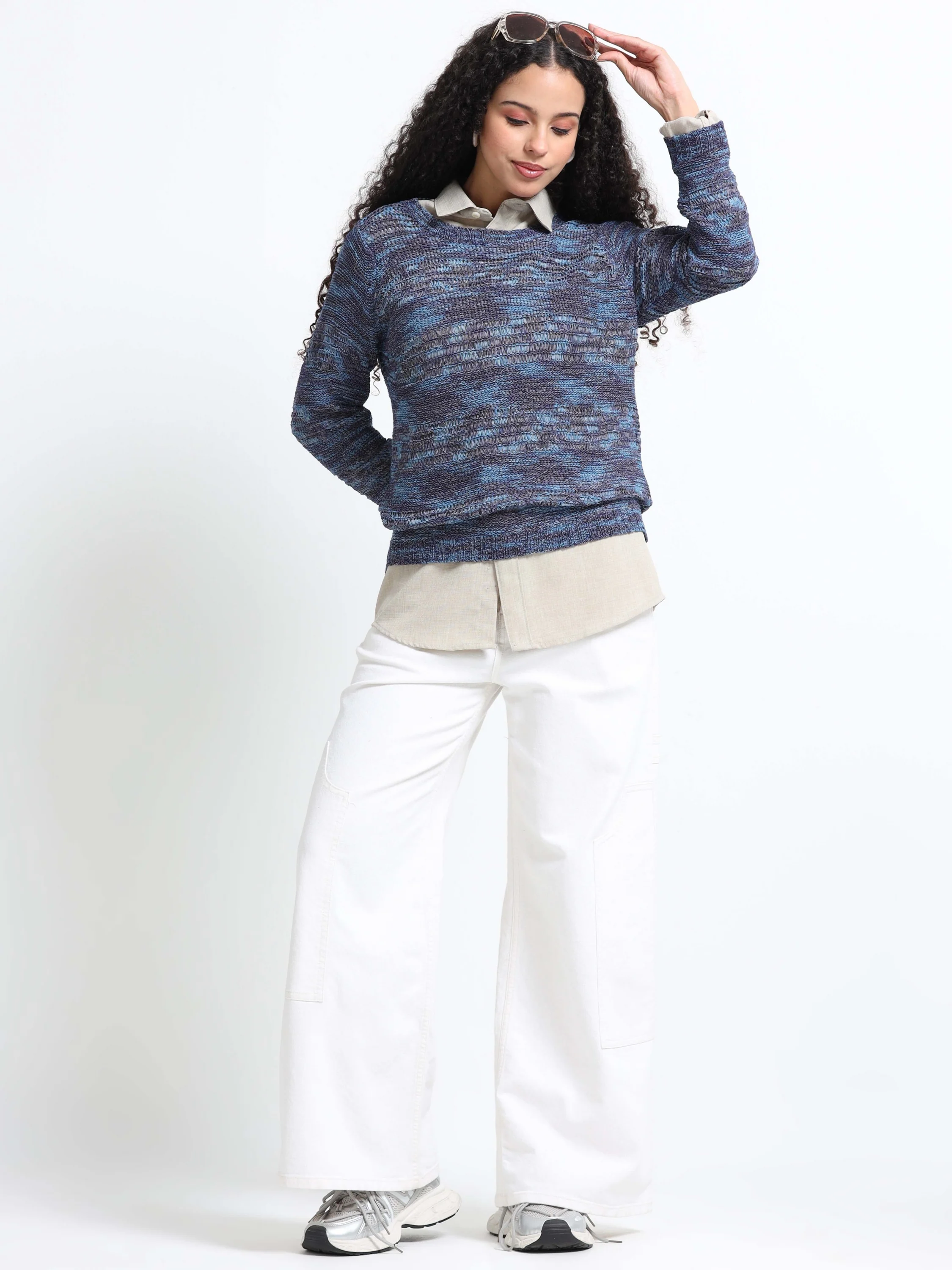 Women Blue Textured Sweater - Image 7