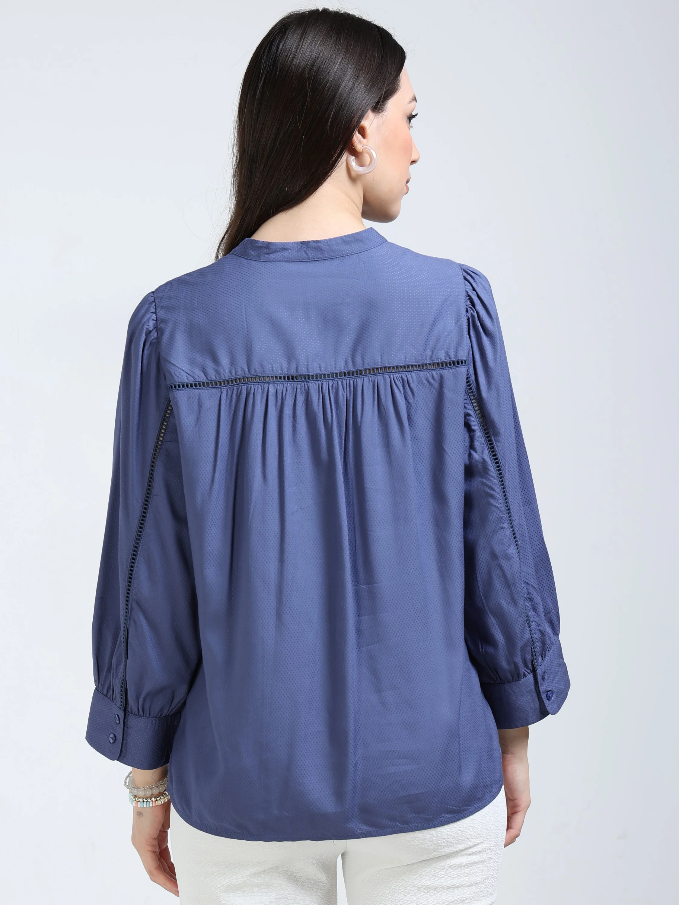 Women Blue Lace Insert Top - Image 2