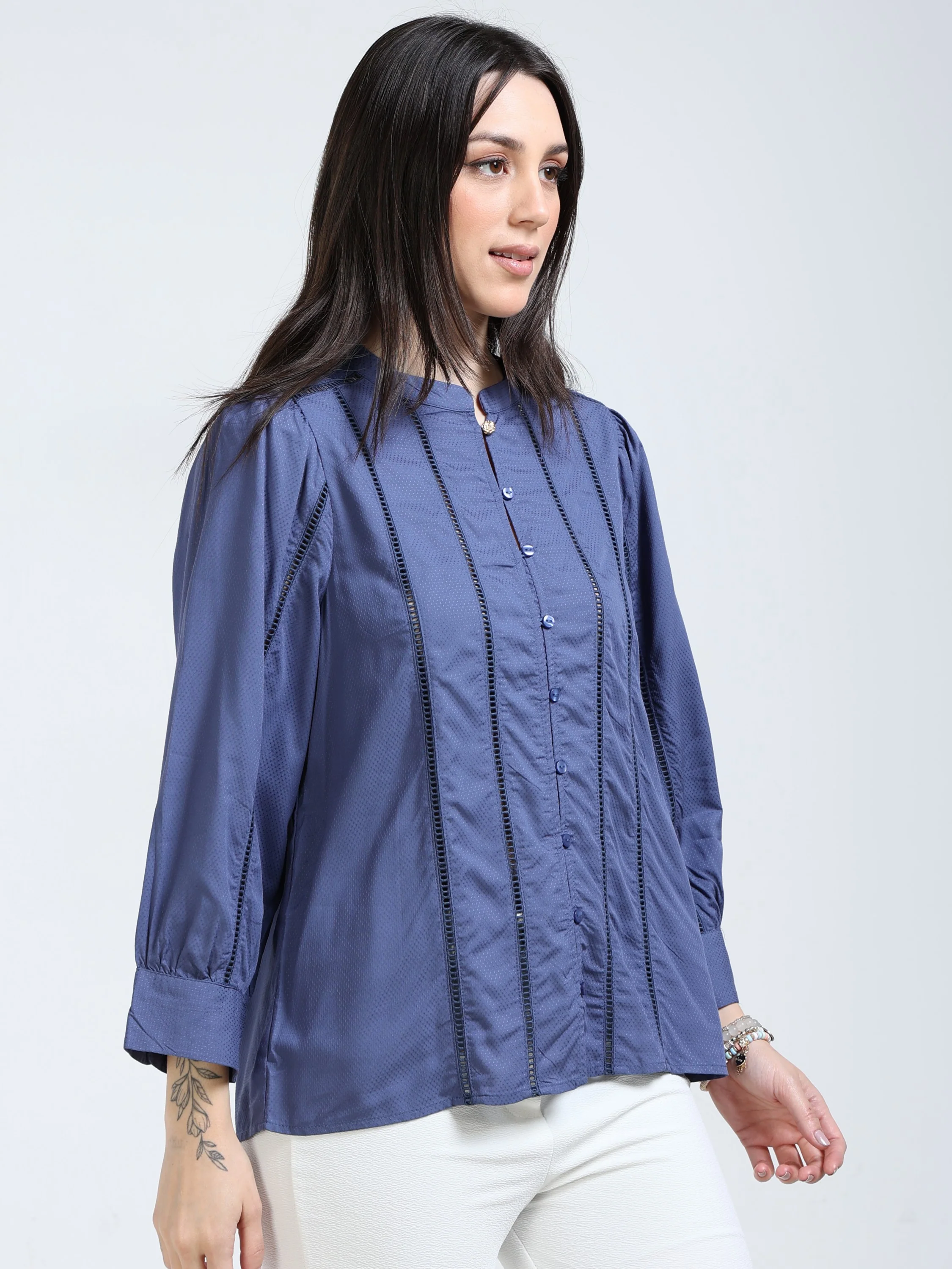 Women Blue Lace Insert Top - Image 4