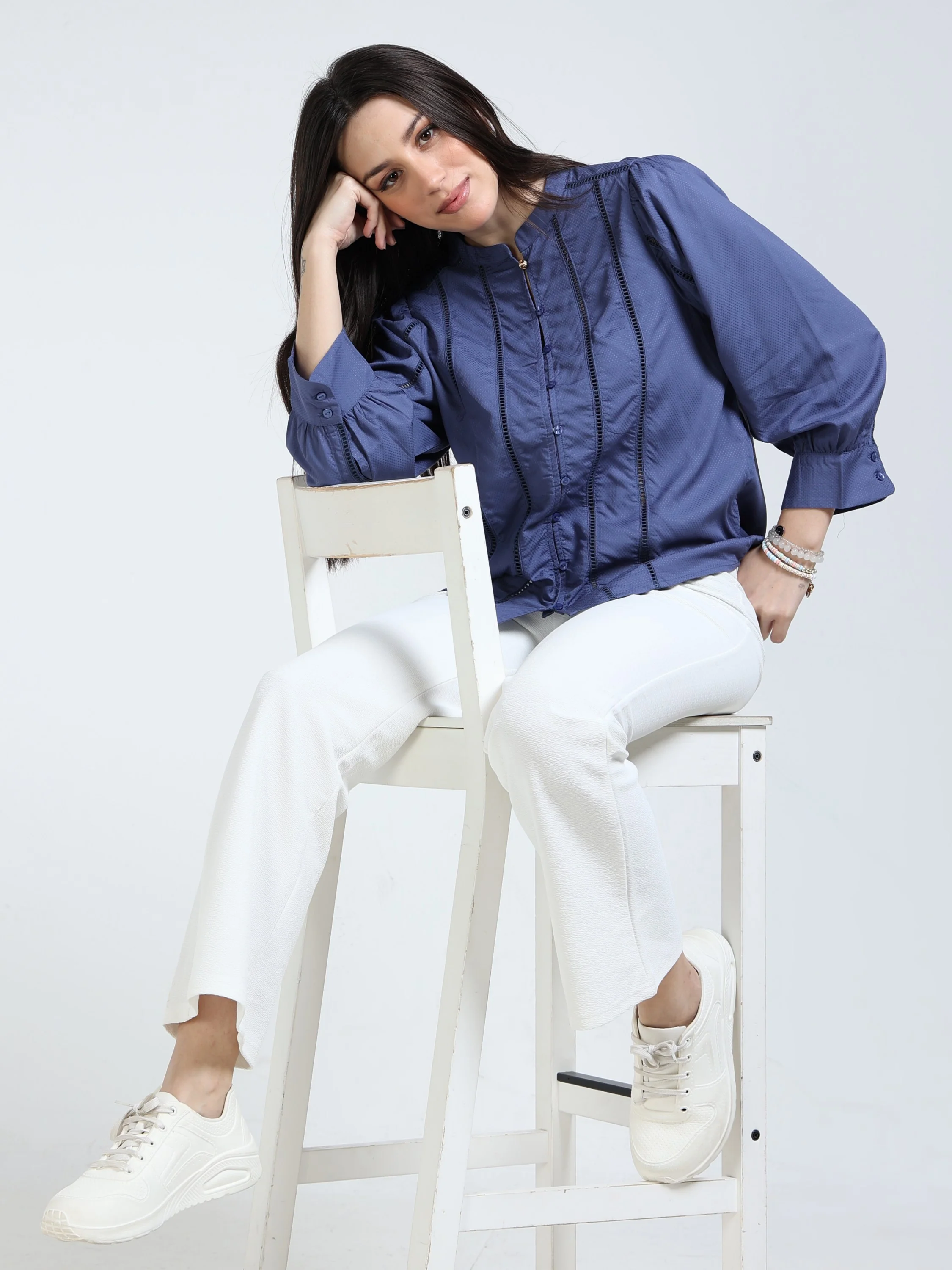 Women Blue Lace Insert Top - Image 5