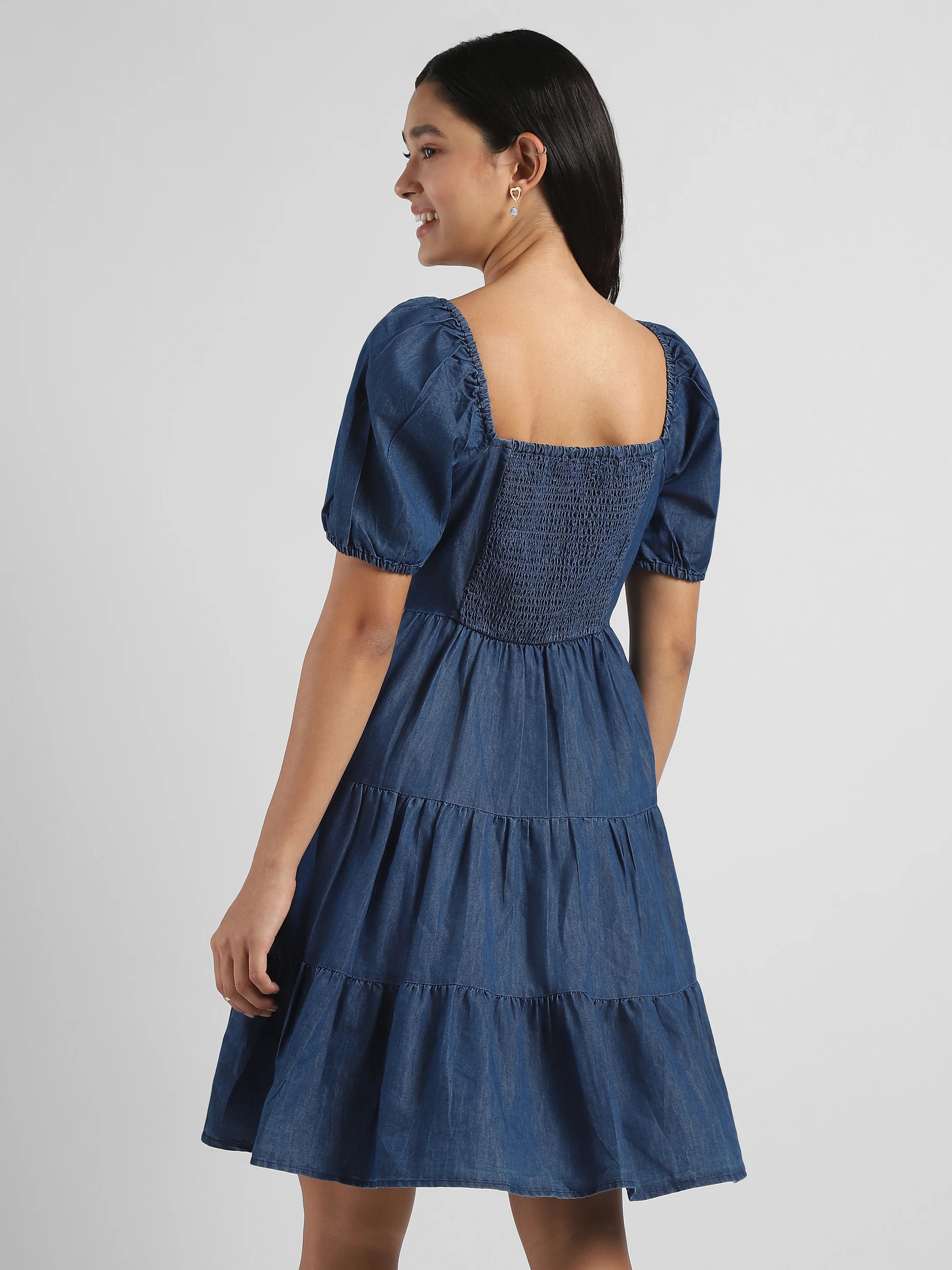 Women Blue Tier Denim Fit & Flare Dress - Image 2