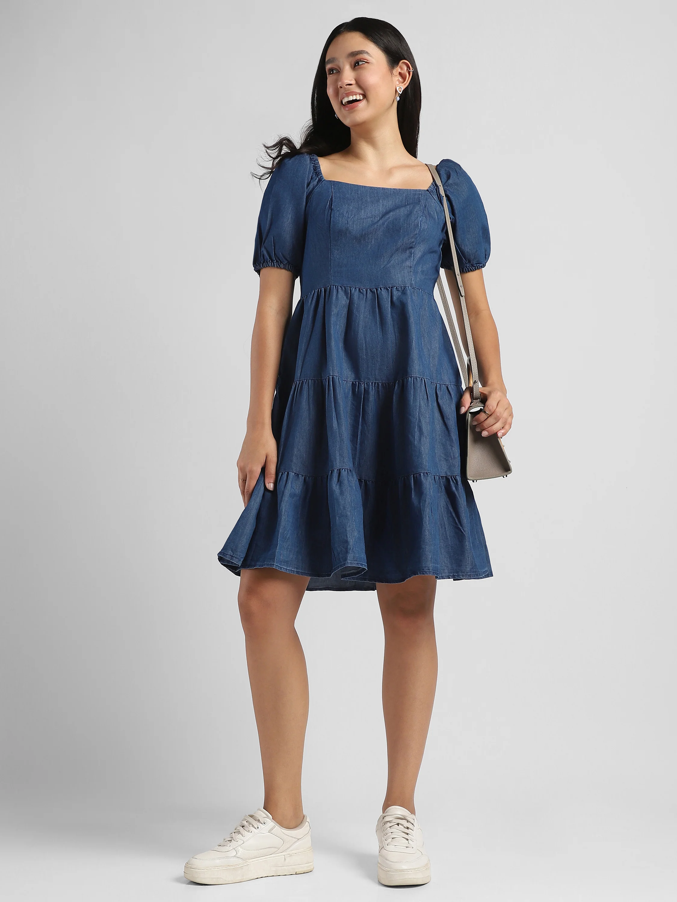 Women Blue Tier Denim Fit & Flare Dress - Image 3