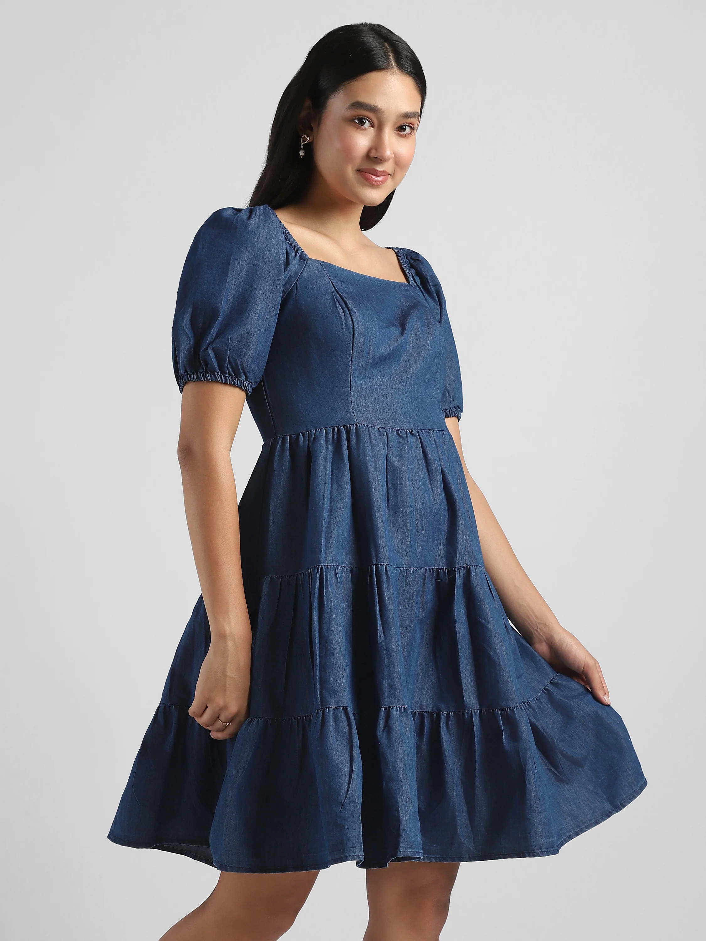 Women Blue Tier Denim Fit & Flare Dress - Image 4
